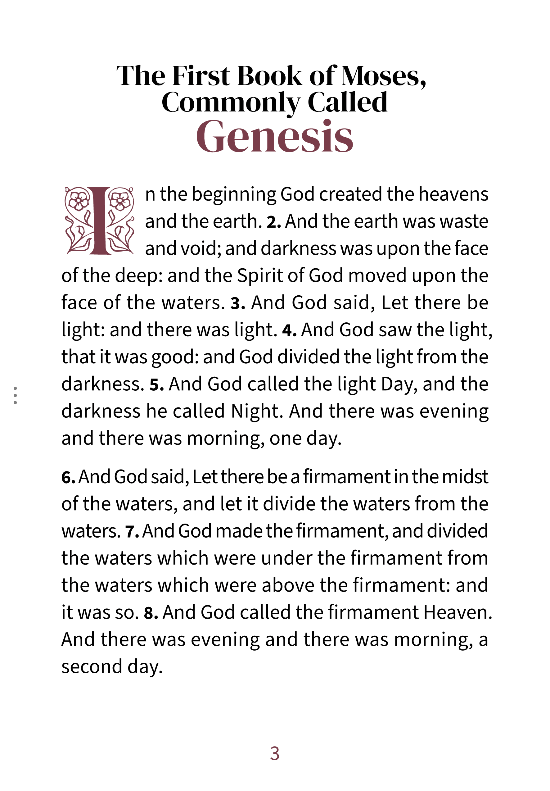 Interior page showing Genesis 1:1 in the Embrace large print reading layout