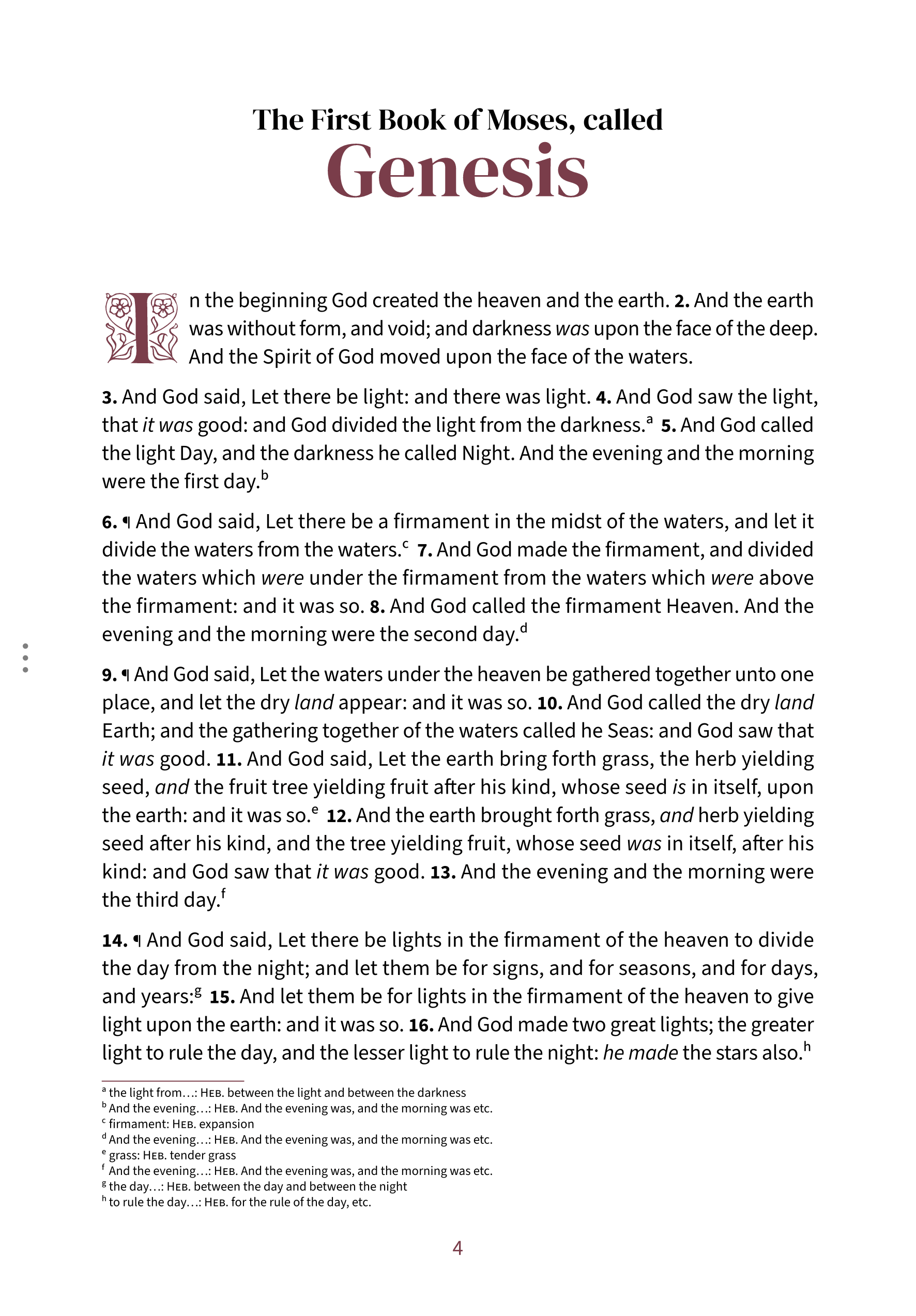 Interior spread showing Genesis 1:1 in the Embrace reading layout