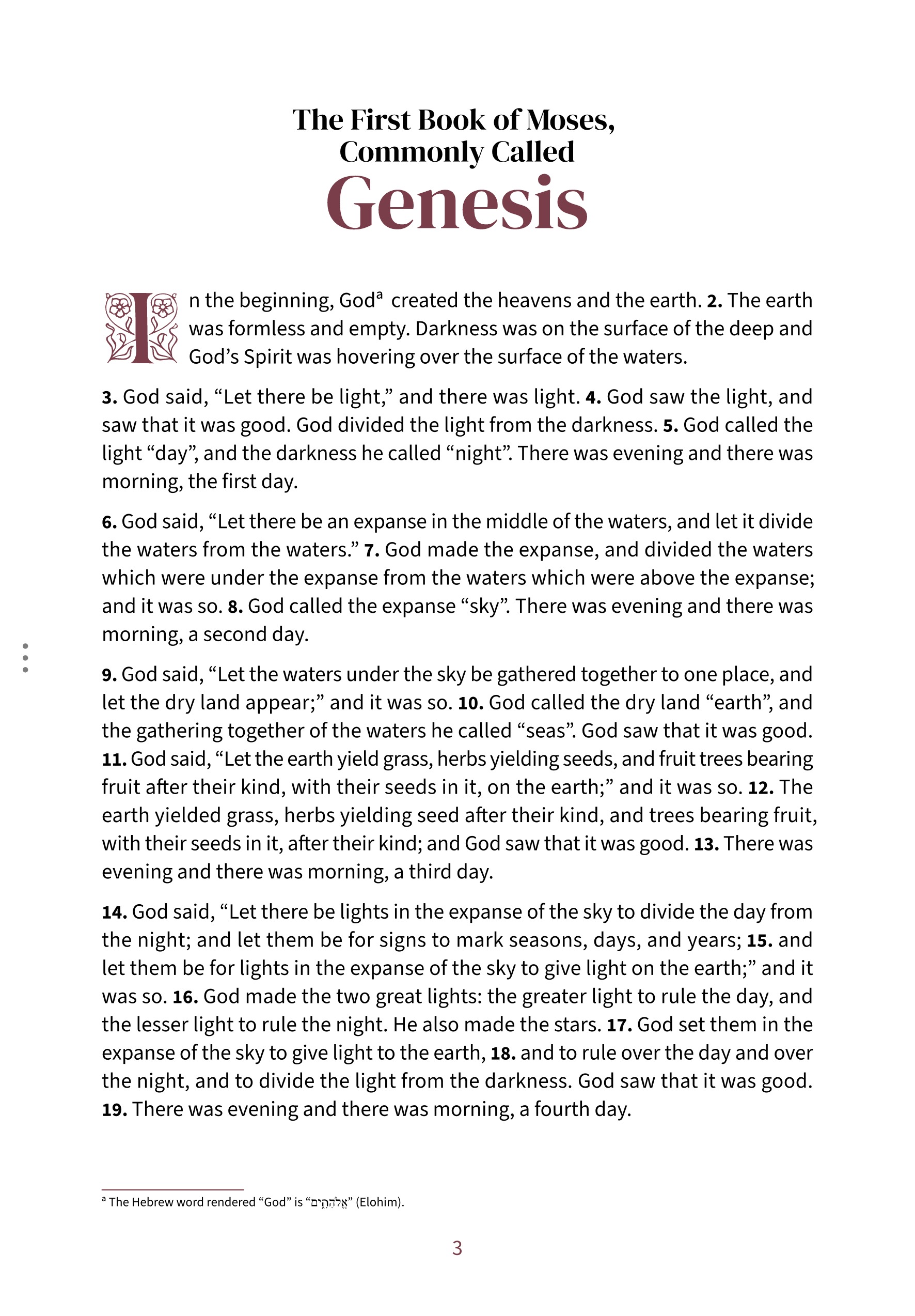 Interior spread showing Genesis 1:1 in the Embrace reading layout