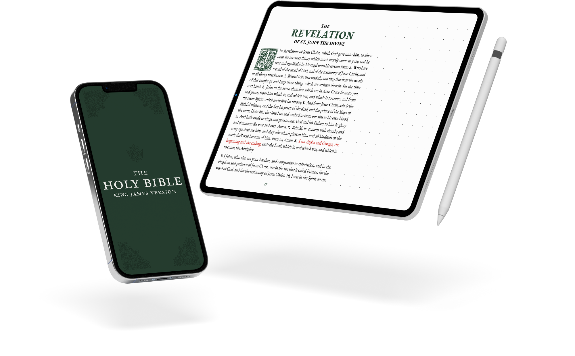 A phone and tablet displaying a digital King James note-taking Bible.
