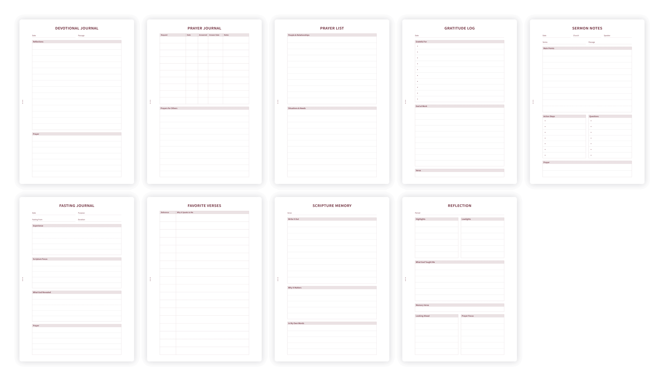 Overview of journal templates including prayer, gratitude, and sermon notes