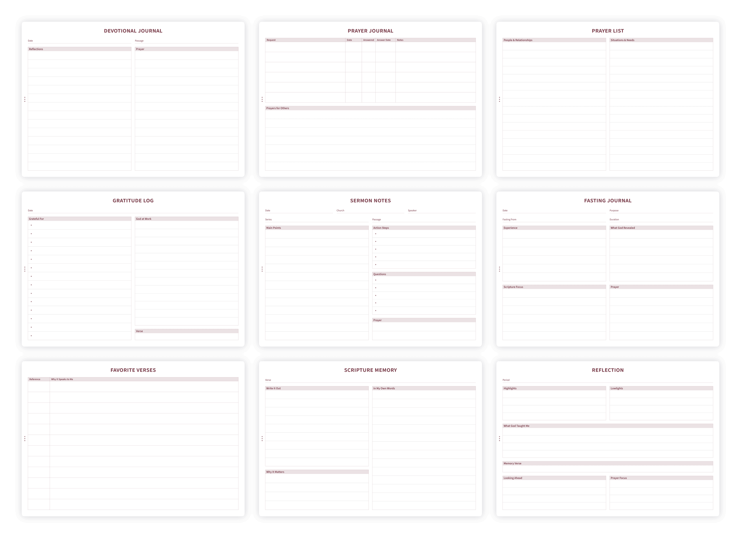 Overview of journal templates including prayer, gratitude, and sermon notes