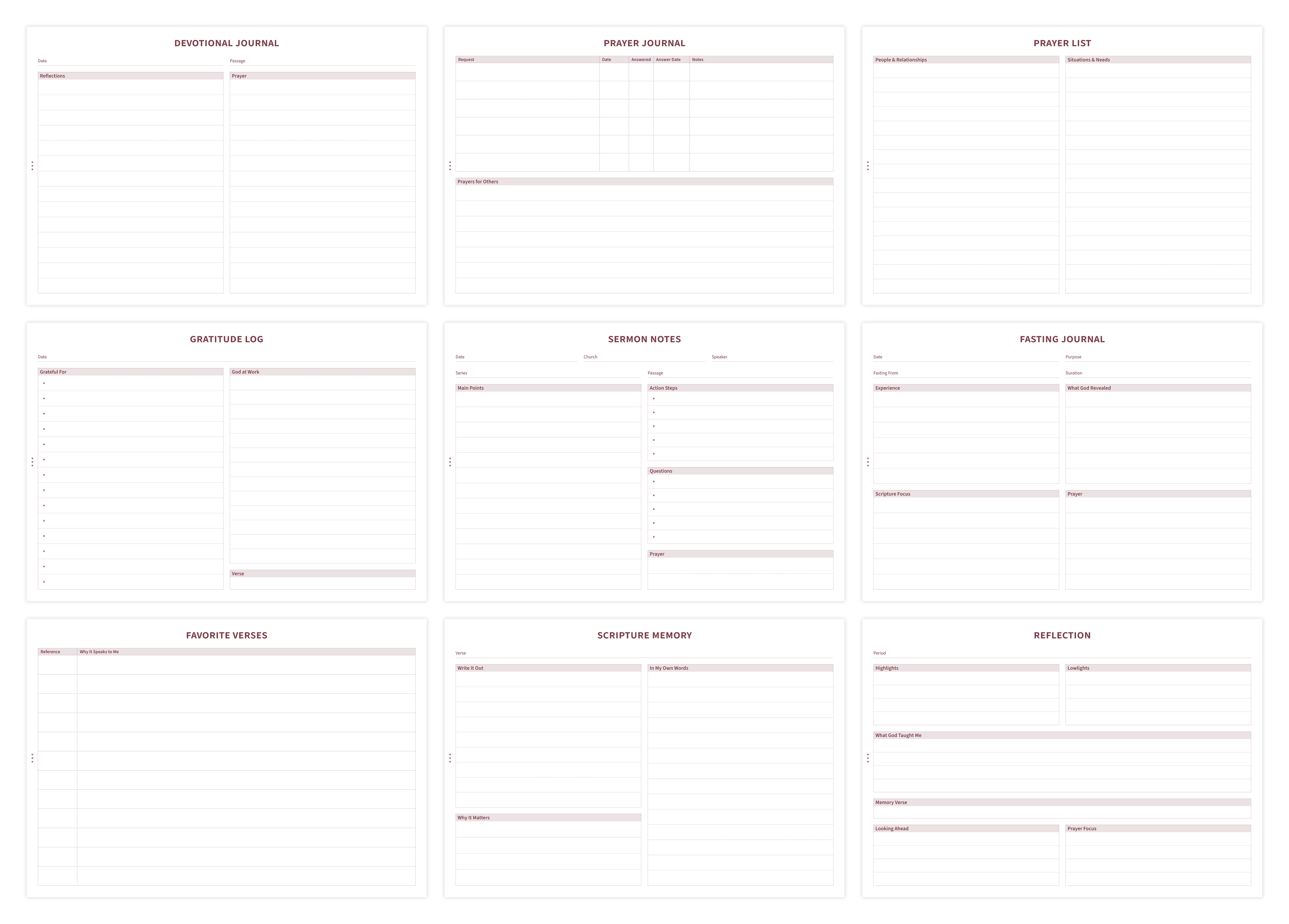 Overview of journal templates including prayer, gratitude, and sermon notes