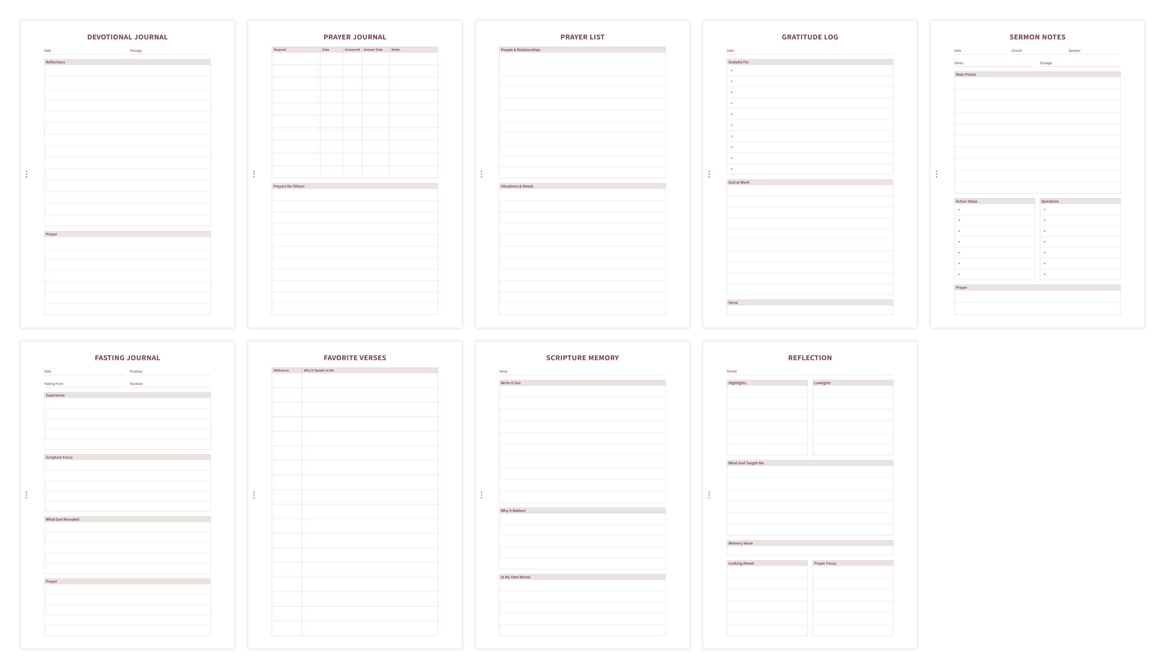 Overview of journal templates including prayer, gratitude, and sermon notes
