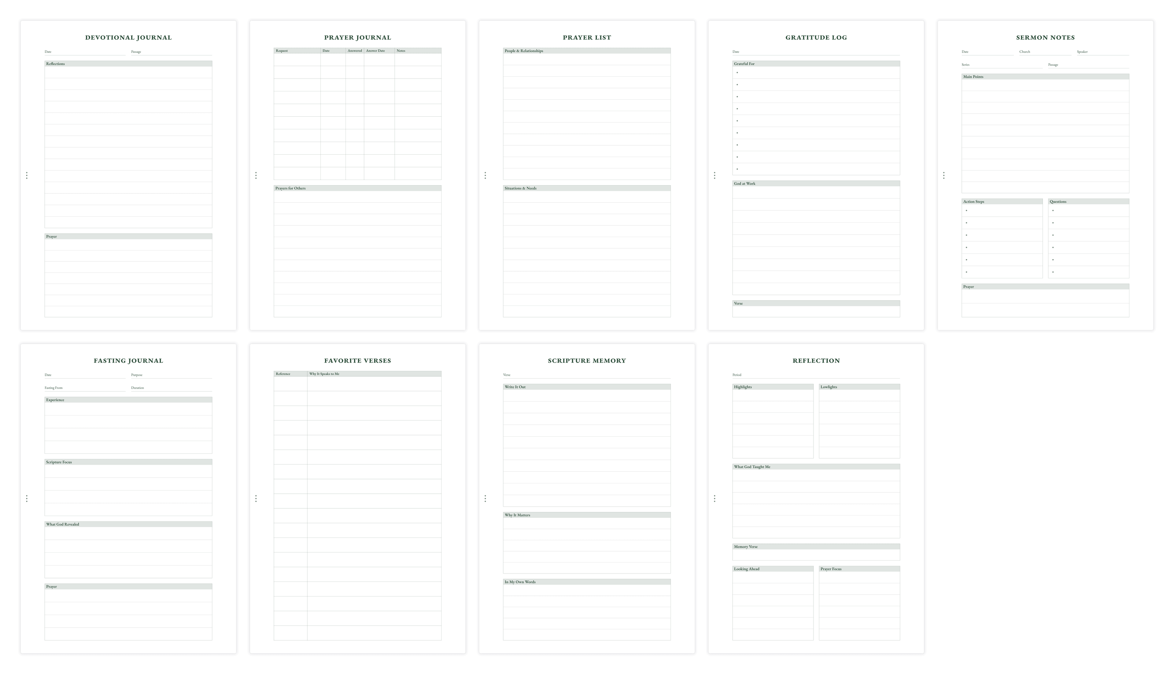 Overview of journal templates including prayer, gratitude, and sermon notes