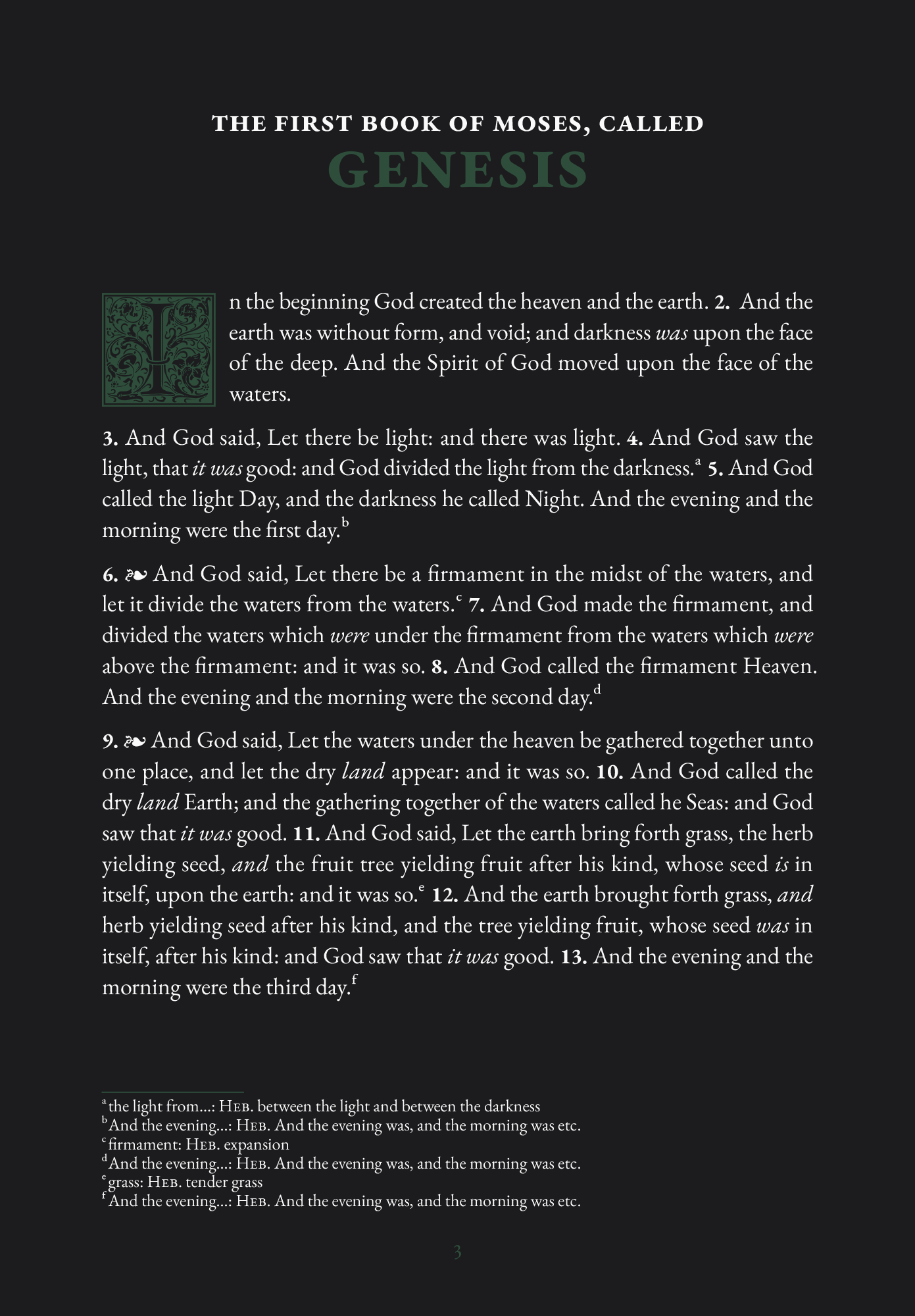 Opening page of Genesis in dark mode with ornate decorated initial capital