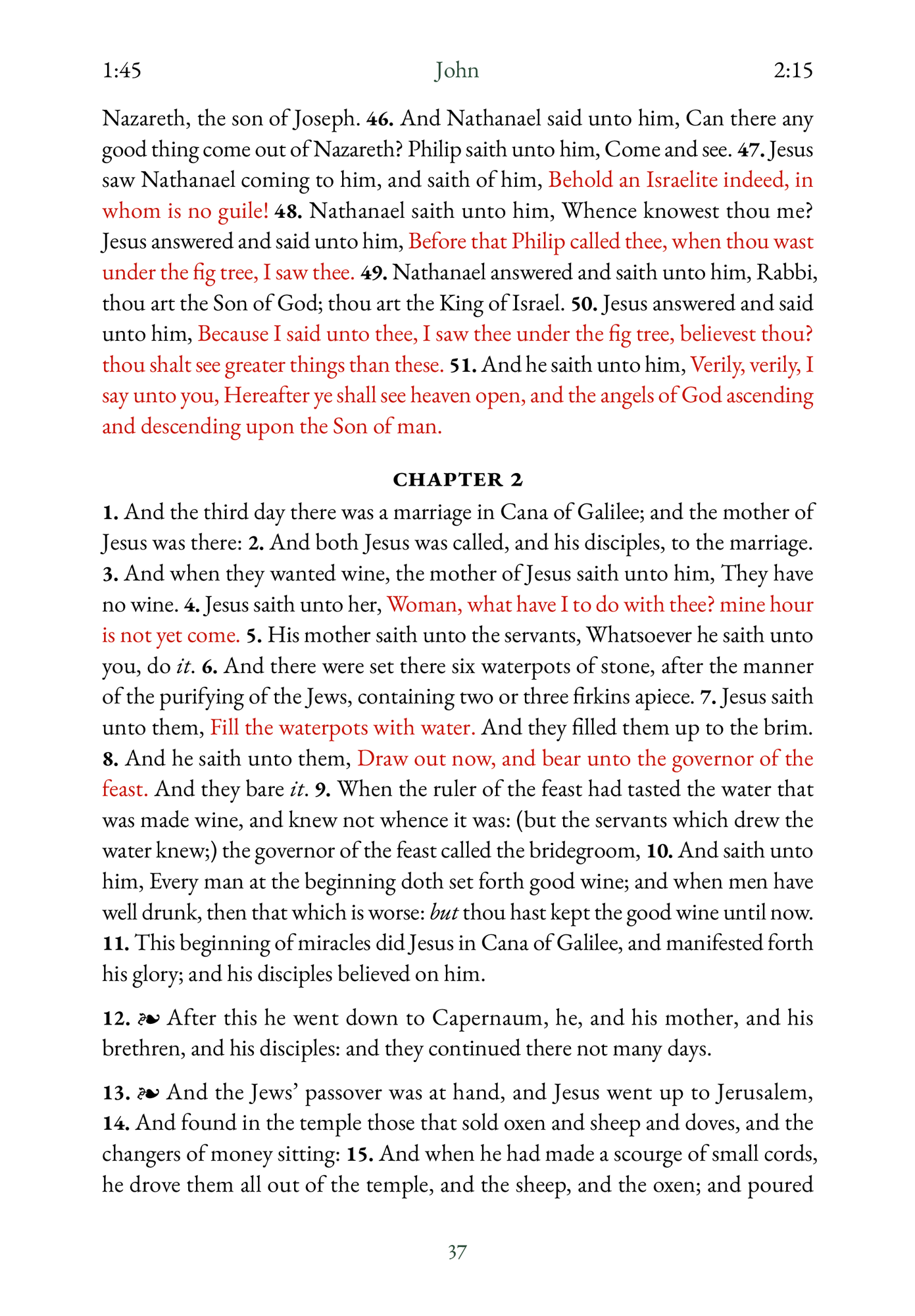 Interior spread of KJV Digital Bible showing end of John chapter 1 and beginning of chapter 2