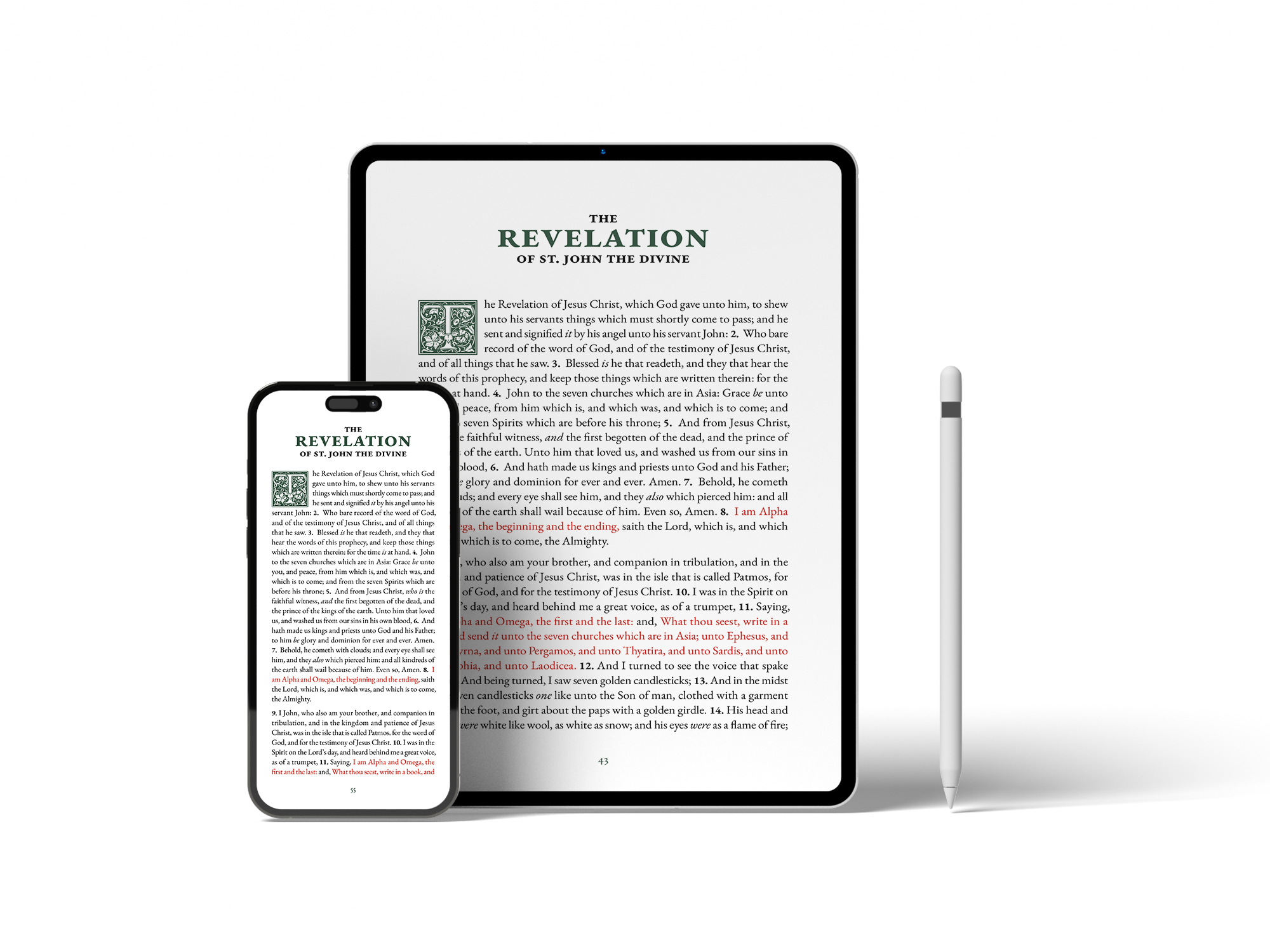 Mockup of tablet and smartphone showing respective versions of the first page of the Revelation of John the Divine