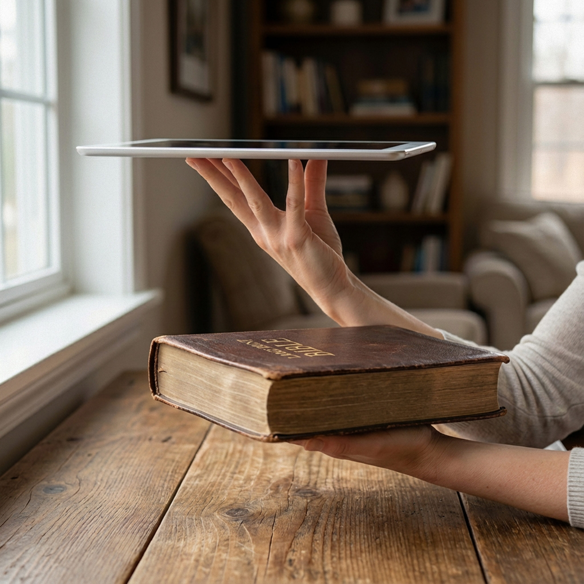 Hands comparing a thick leather Bible on a wooden table with a lightweight tablet balanced above