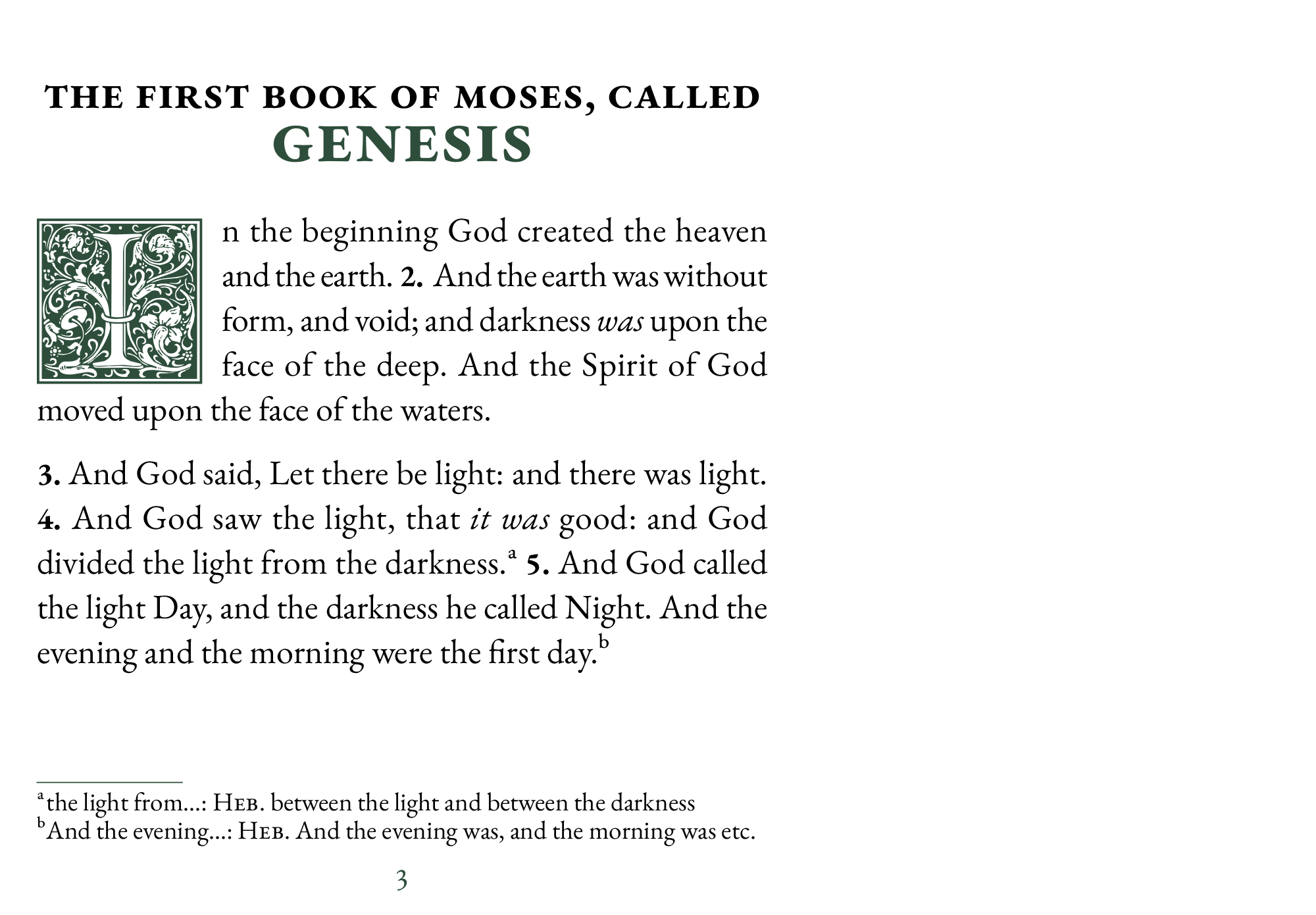 Interior page of Genesis showing large print typography with wide margin for notes