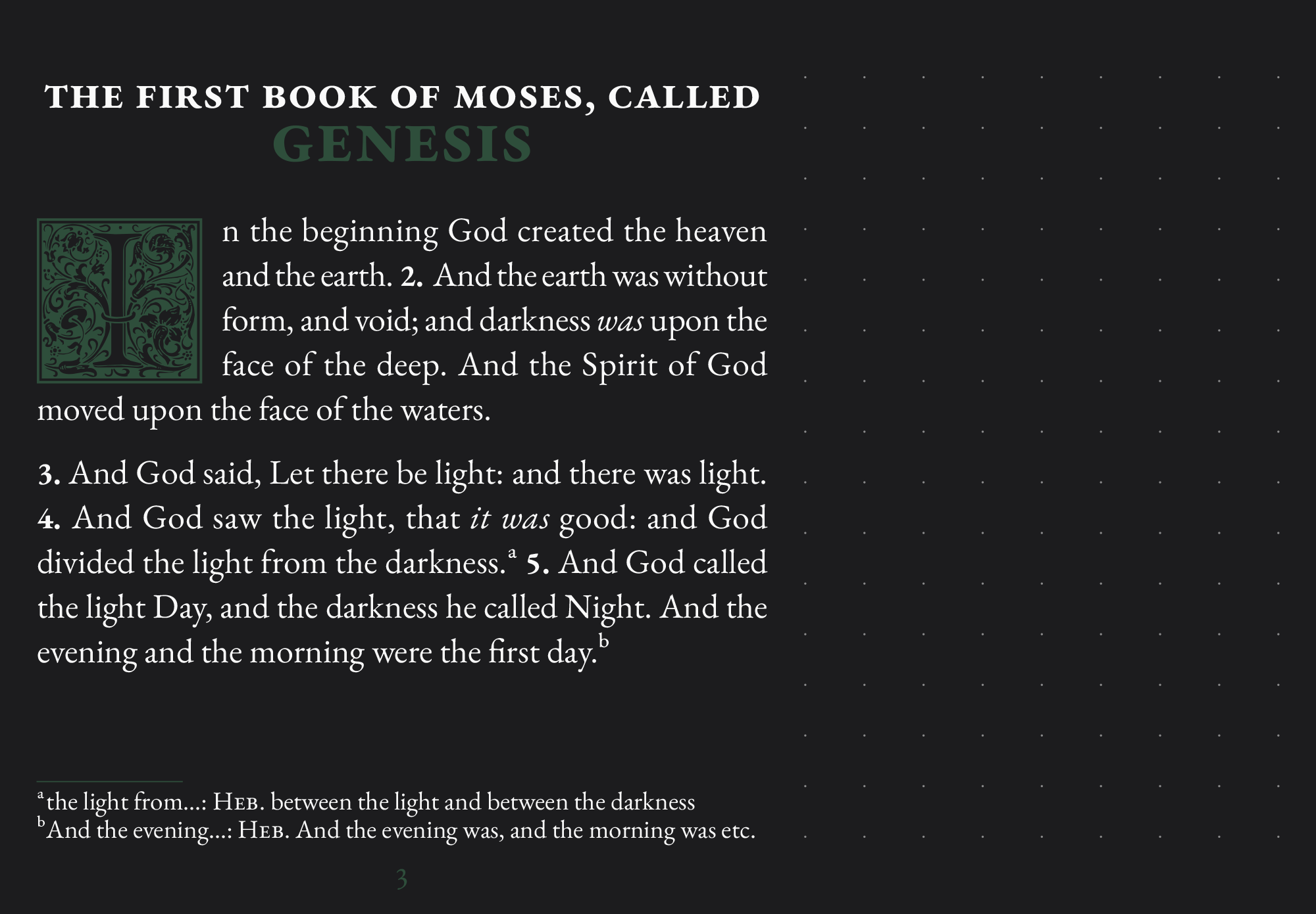Opening page of Genesis in dark mode showing large print typography with decorated initial capital