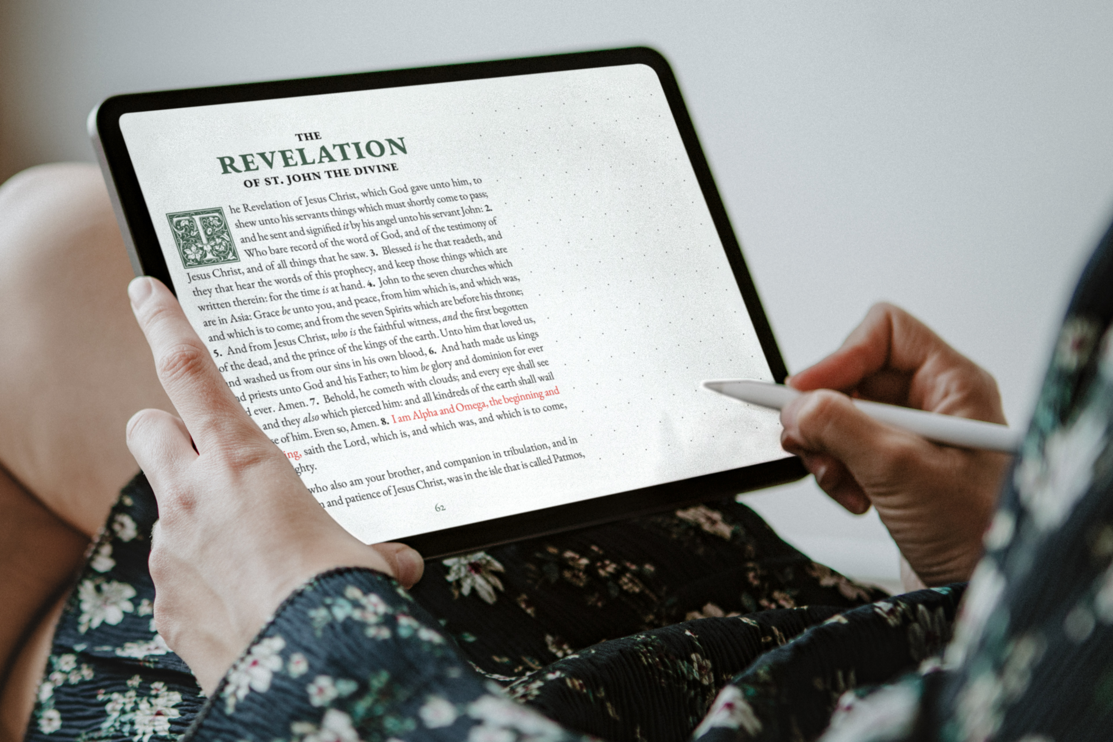 Person reading KJV Digital Notetaking Bible on tablet with stylus, over-the-shoulder view