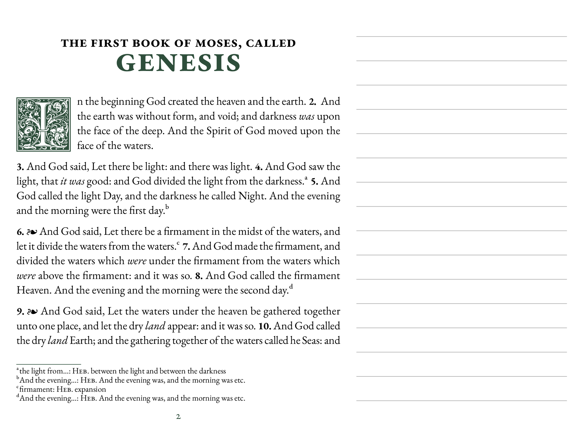Interior spread of KJV Digital Notetaking Bible showing Genesis with footnotes and dotted margin