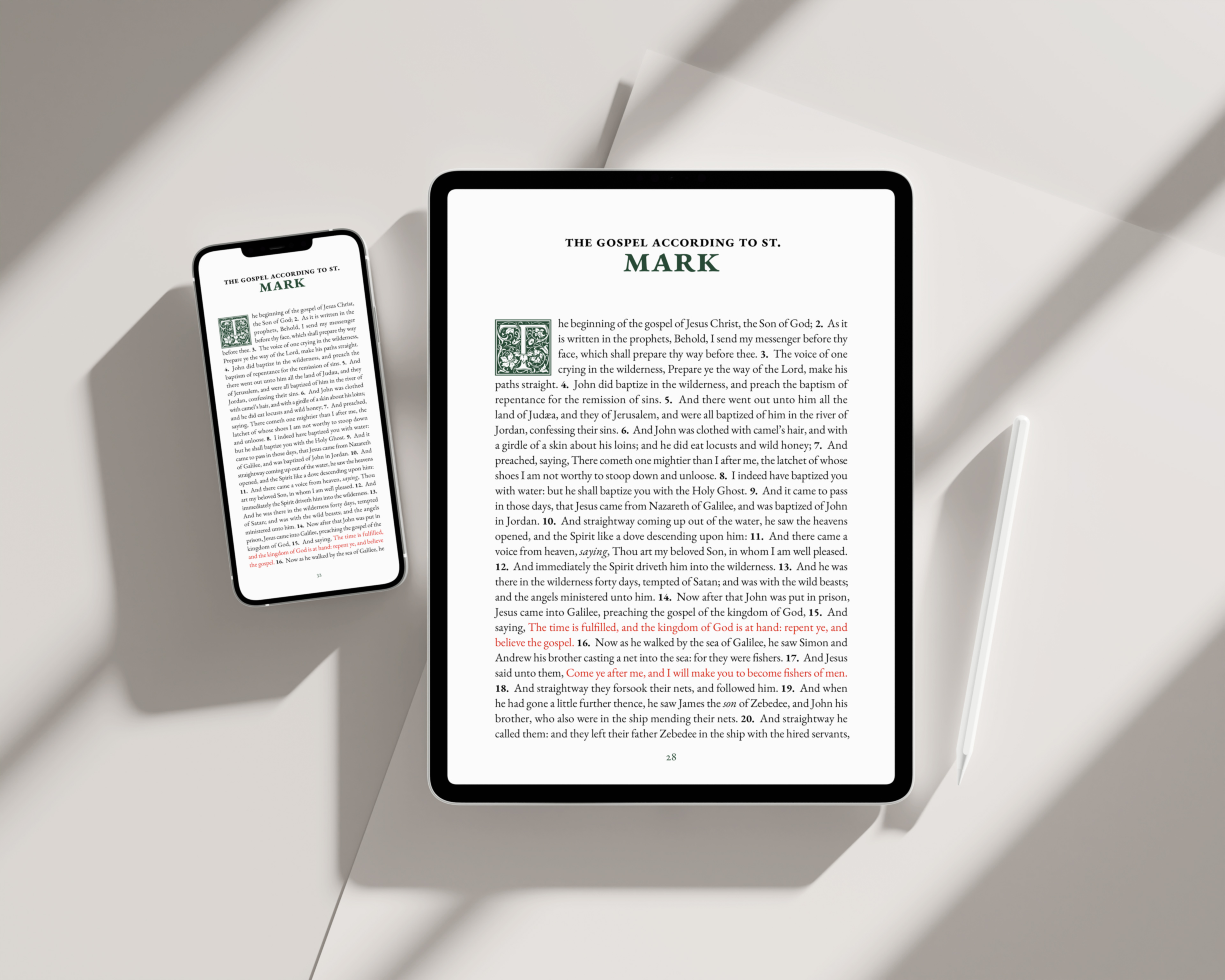 Mockup of tablet and smartphone showing Gospel of Mark from the notetaking edition