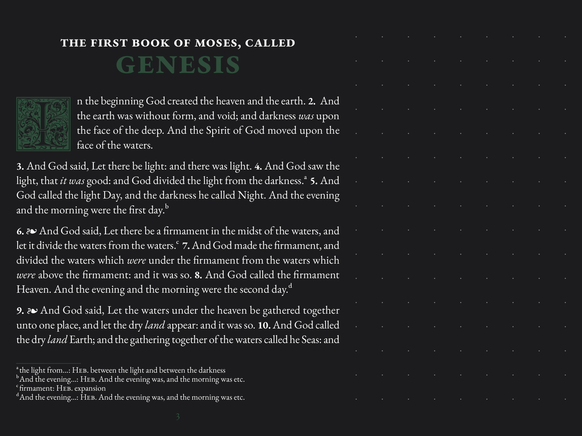 Opening page of Genesis in dark mode with dotted notetaking margin