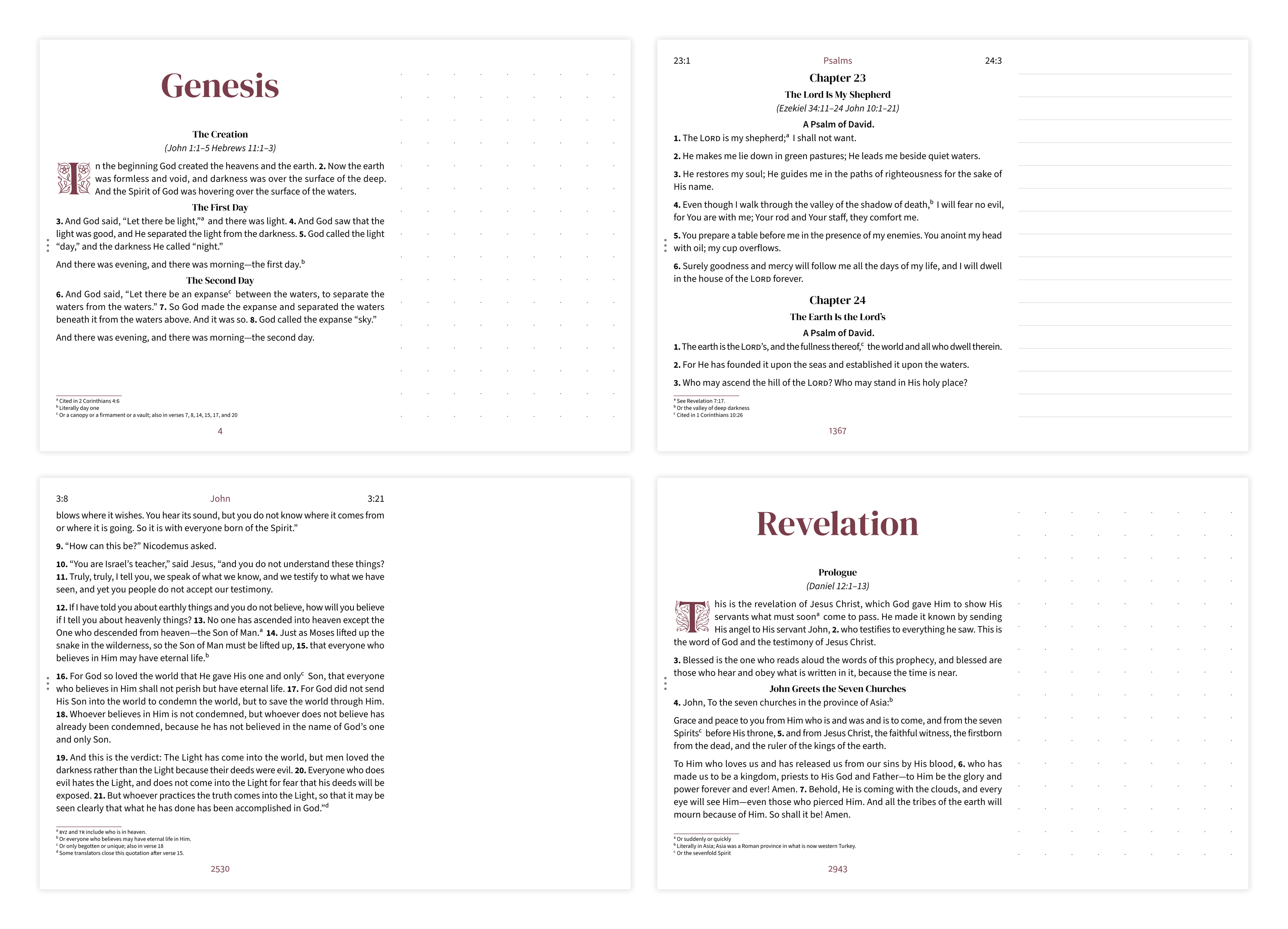 Four landscape notetaking pages showing dotted, lined, and clear margin styles