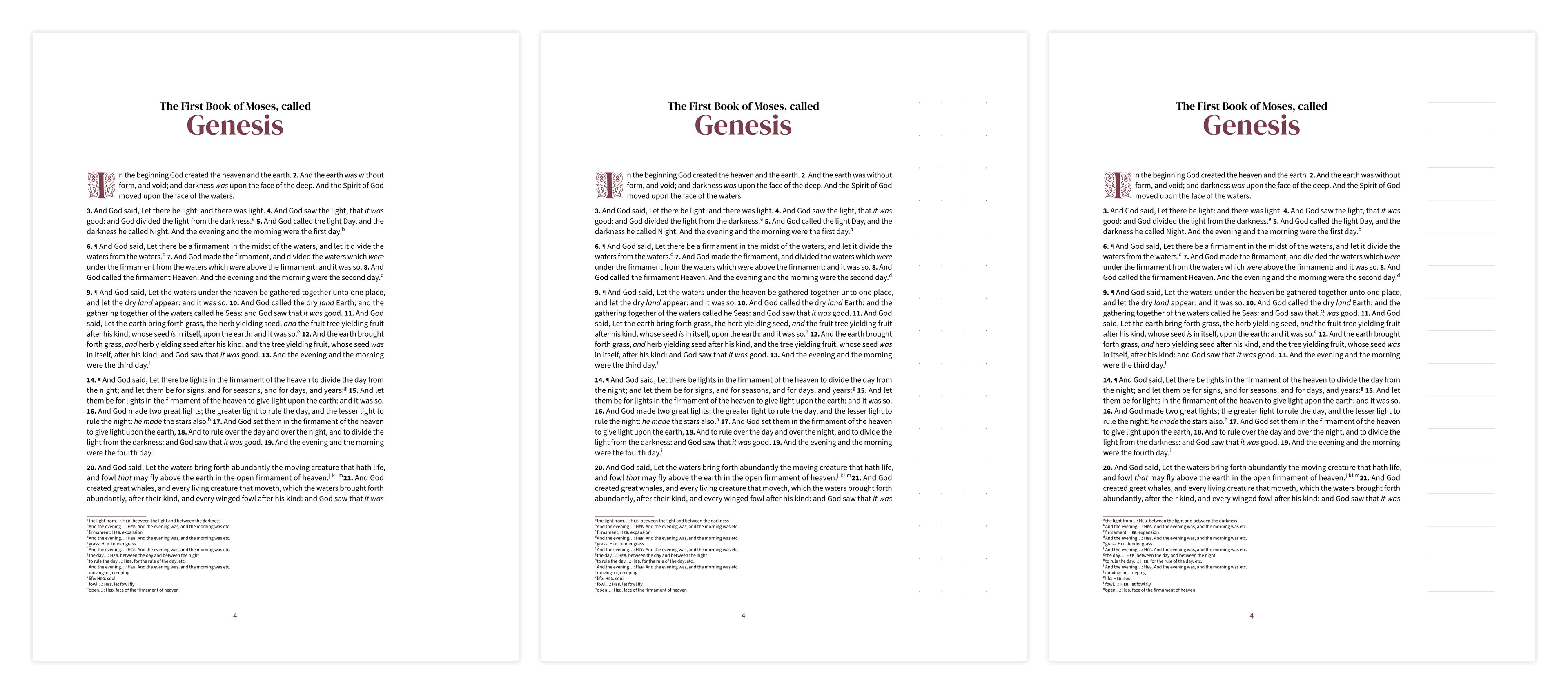 Three notetaking margin styles compared side by side: blank, dotted, and ruled