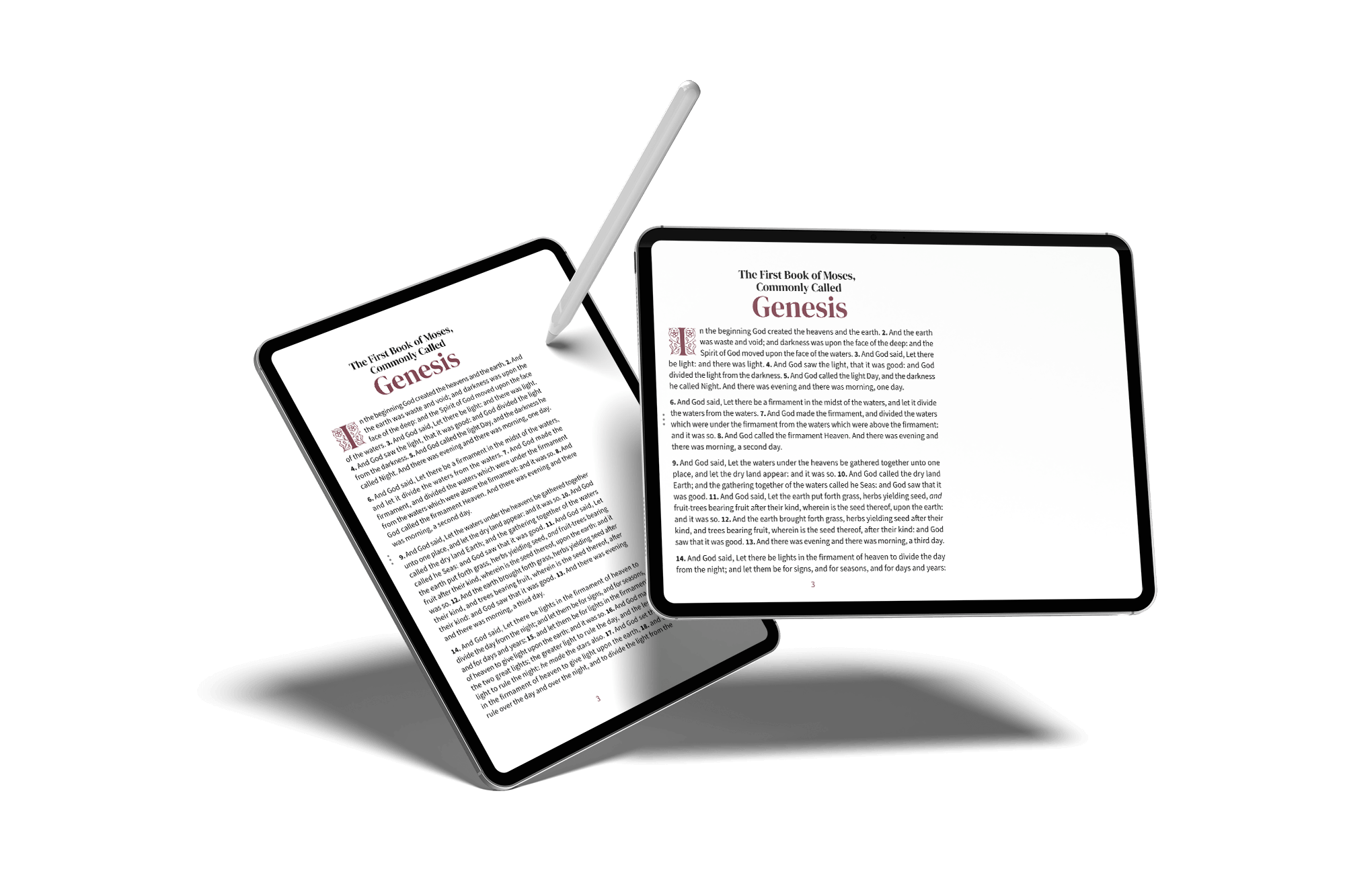 Portrait and landscape tablets showing notetaking Bible pages in the Embrace design