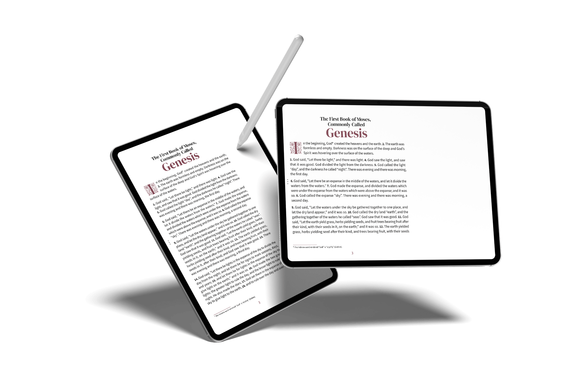 Portrait and landscape tablets showing notetaking Bible pages in the Embrace design