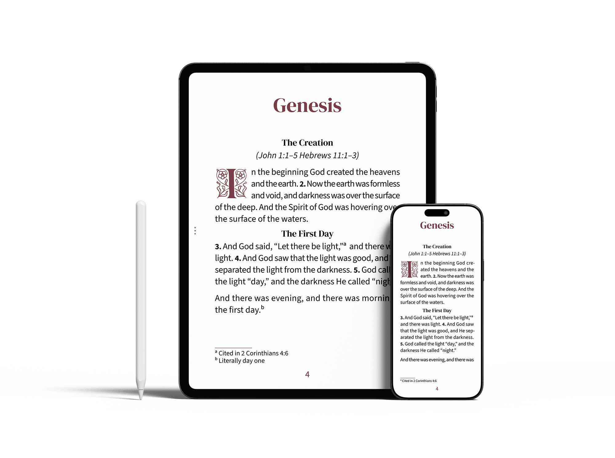 Tablet and smartphone showing a large print Bible page in the Embrace design
