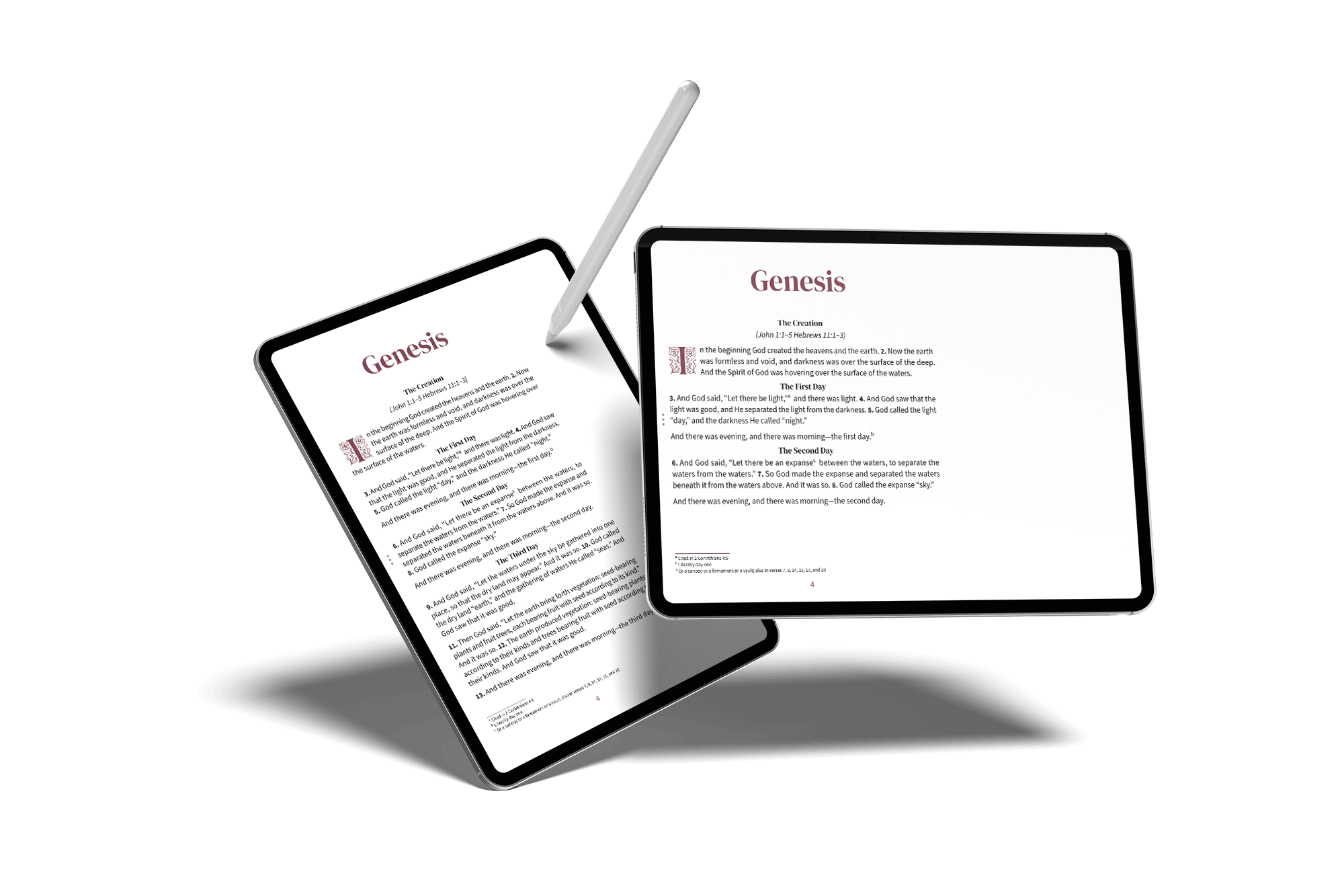 Portrait and landscape tablets showing notetaking Bible pages in the Embrace design