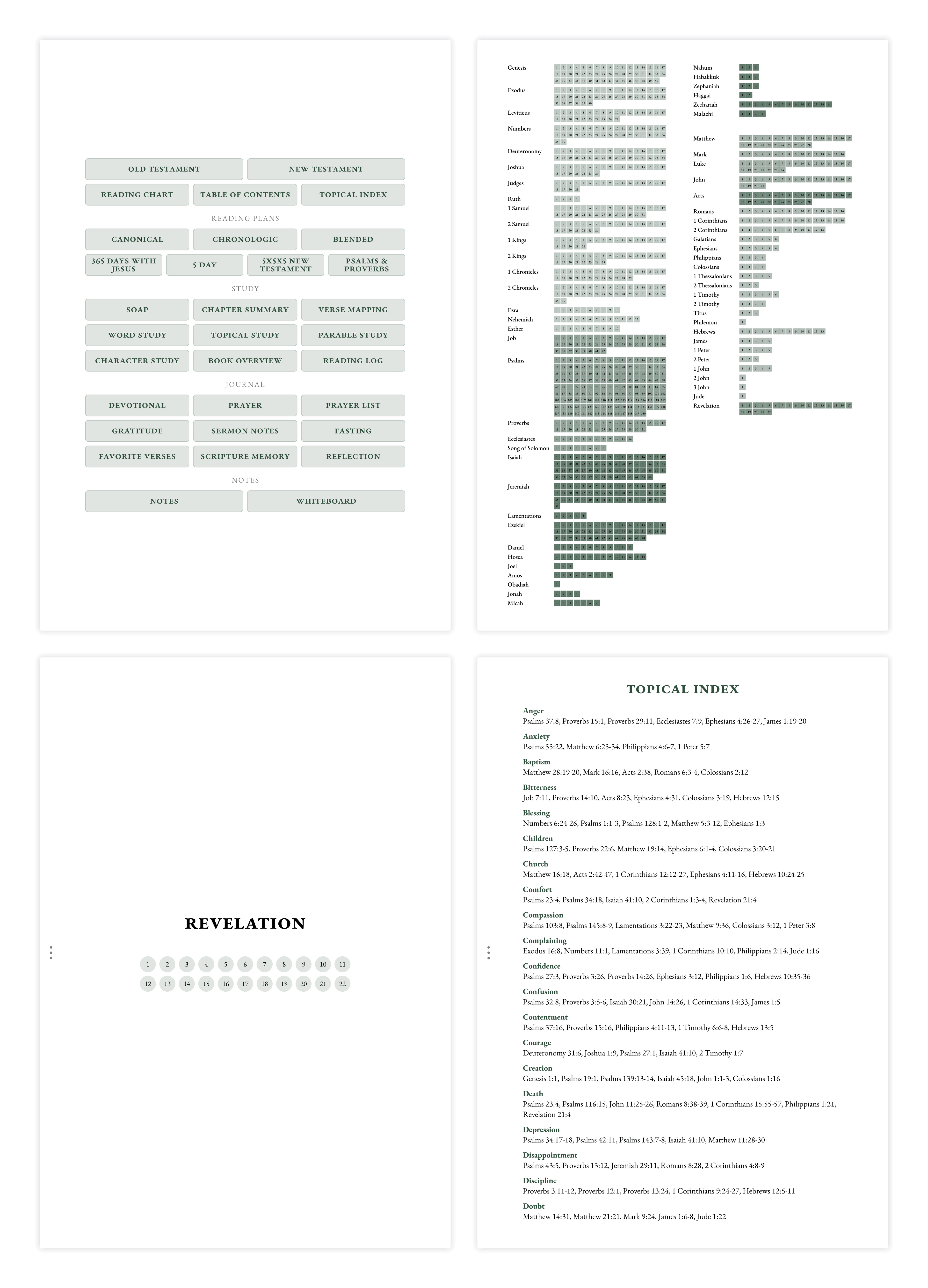 Navigation screens: table of contents, reading chart, book index, and topical index