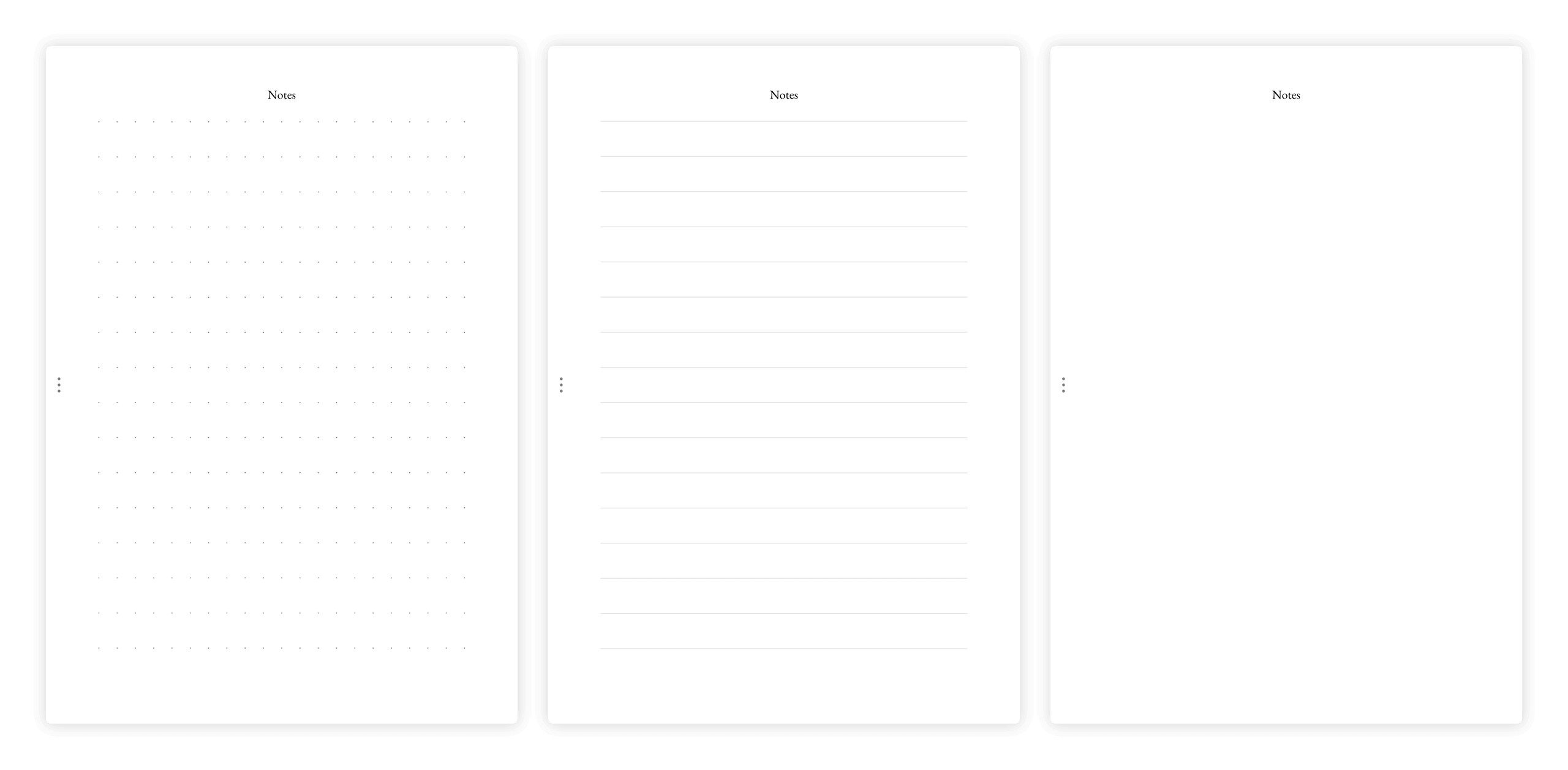 Overview of notes page styles: clear, dotted, and lined
