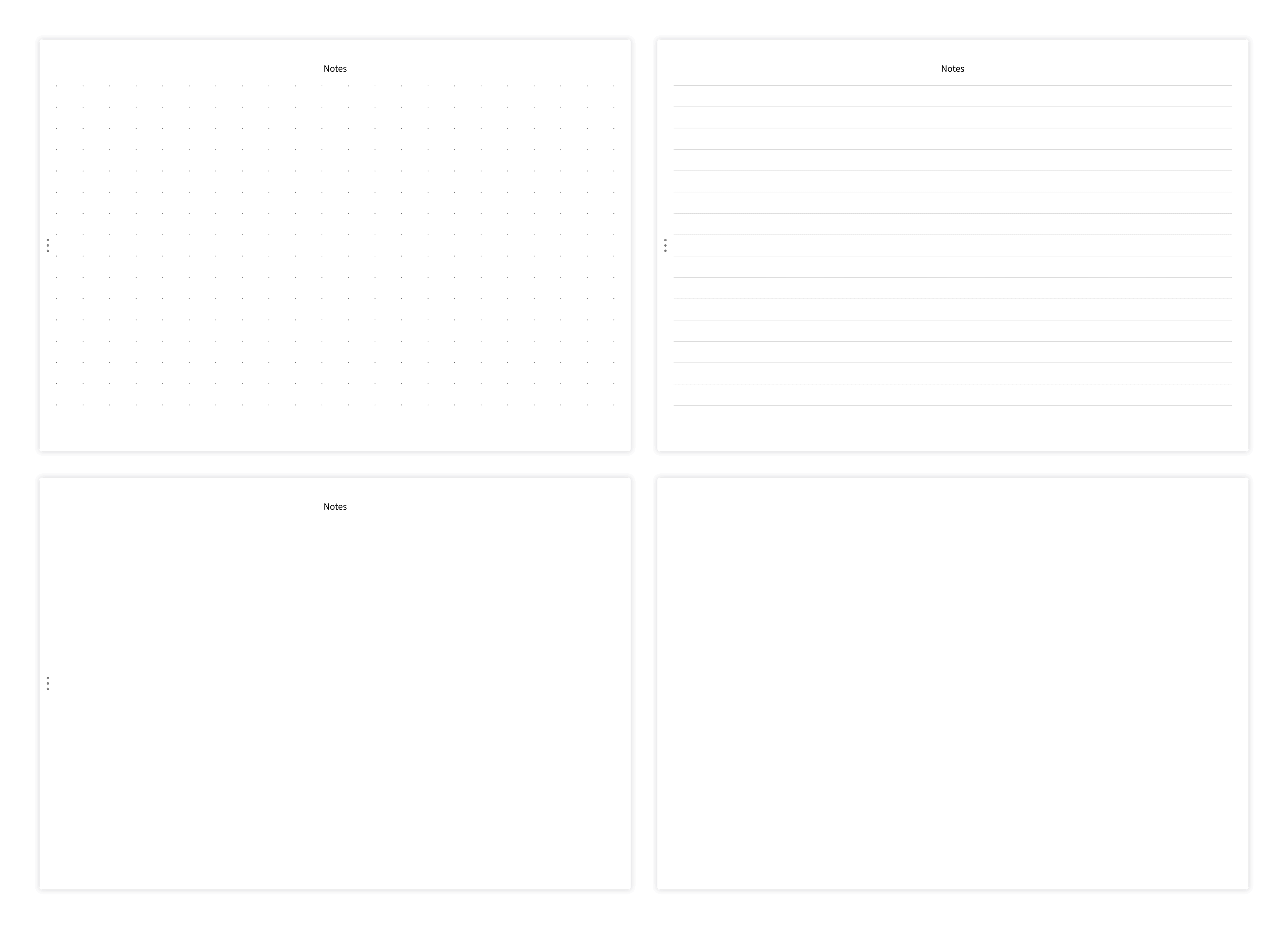 Overview of note page variants: dotted, lined, clear, and whiteboard