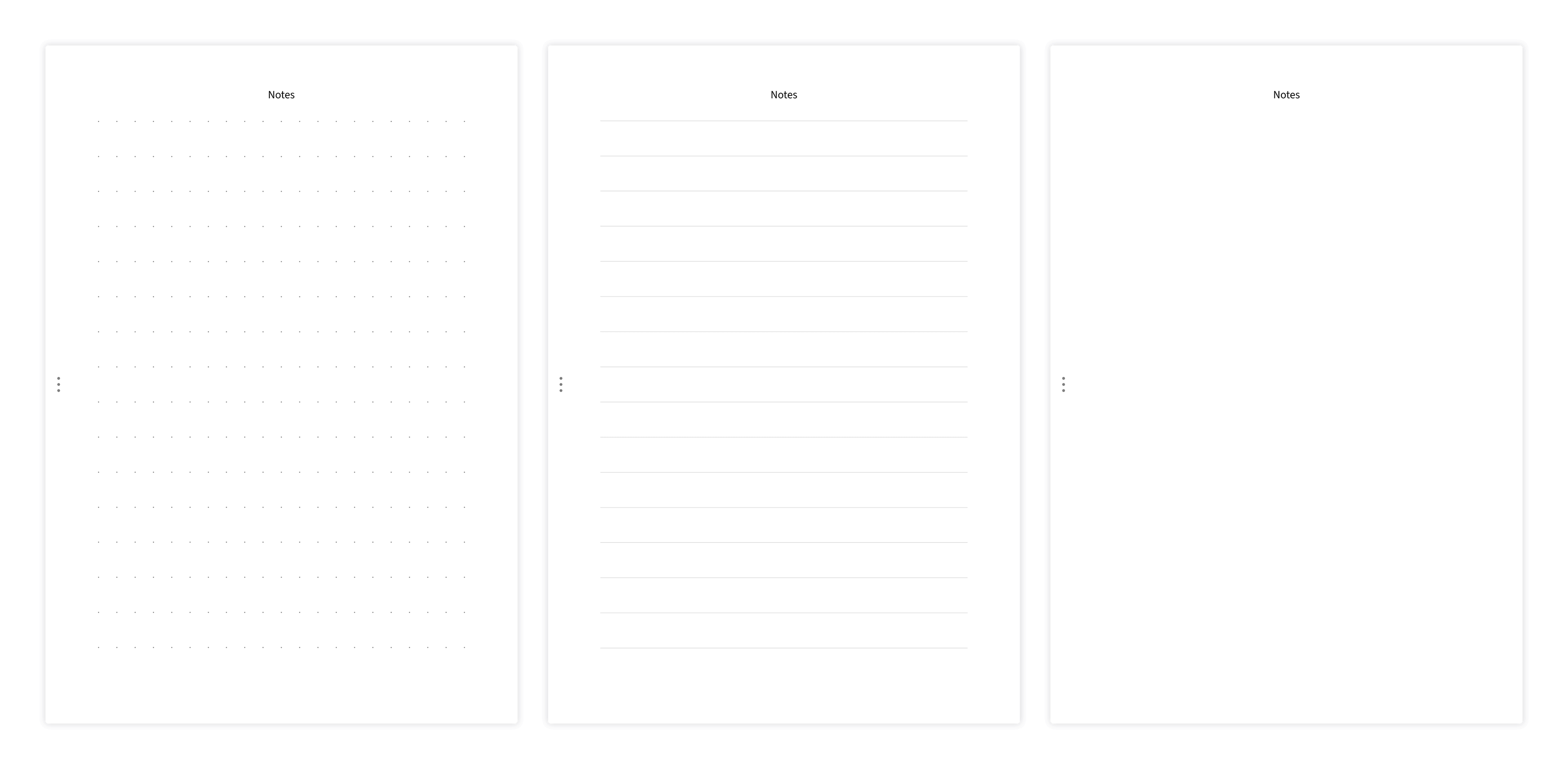 Overview of notes page styles: clear, dotted, and lined
