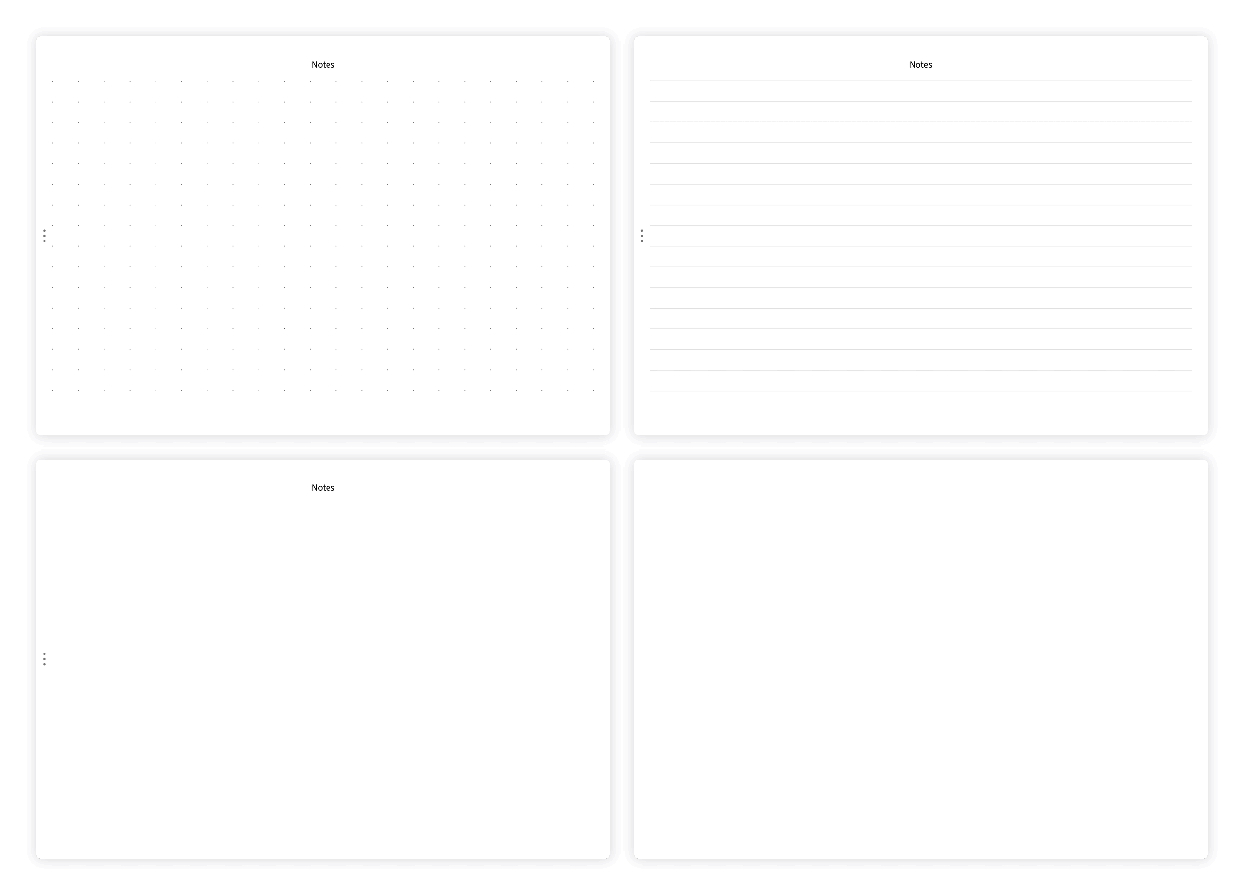 Overview of note page variants: dotted, lined, clear, and whiteboard