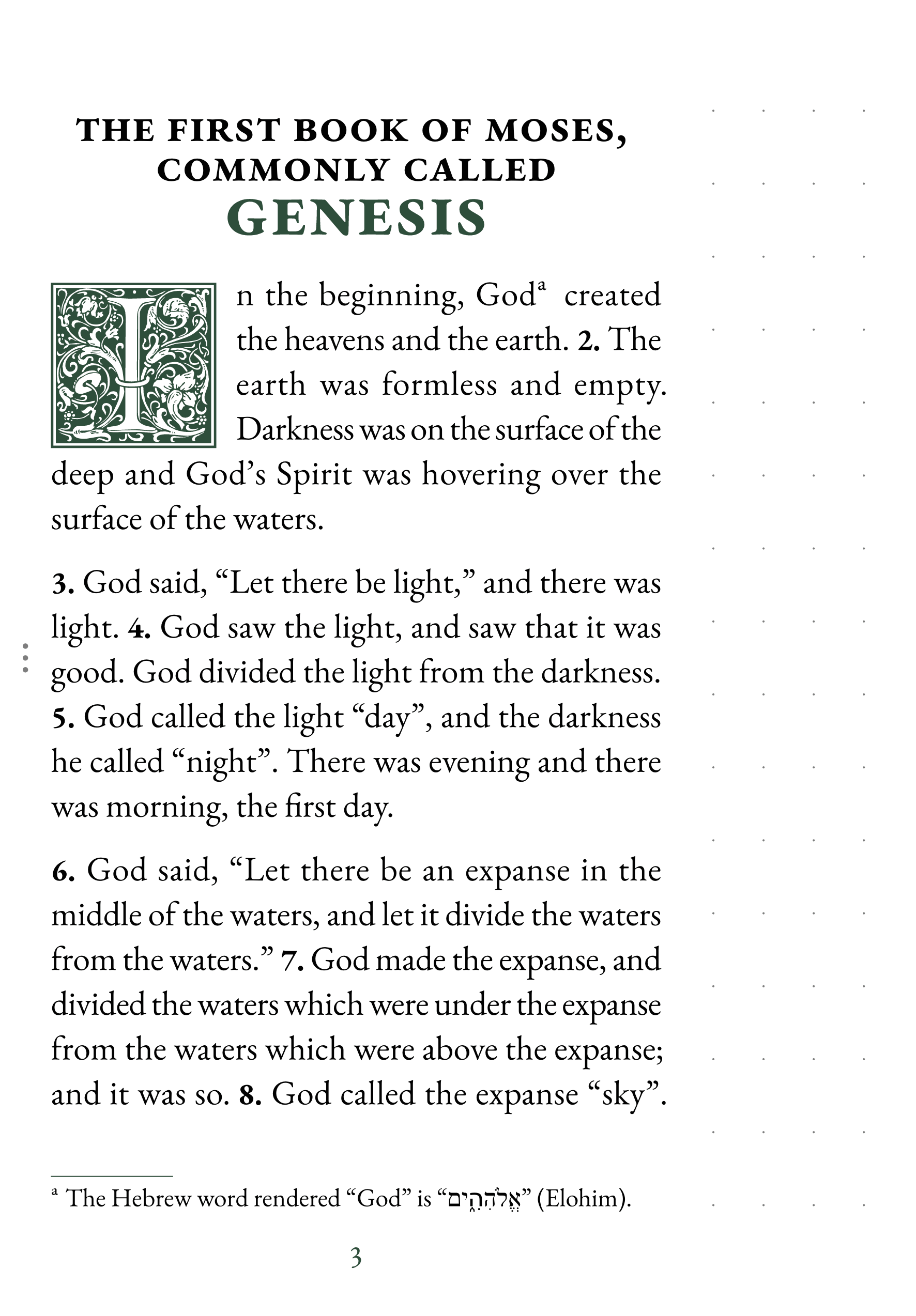 Interior page showing Genesis 1:1 in large print with dotted notetaking margin