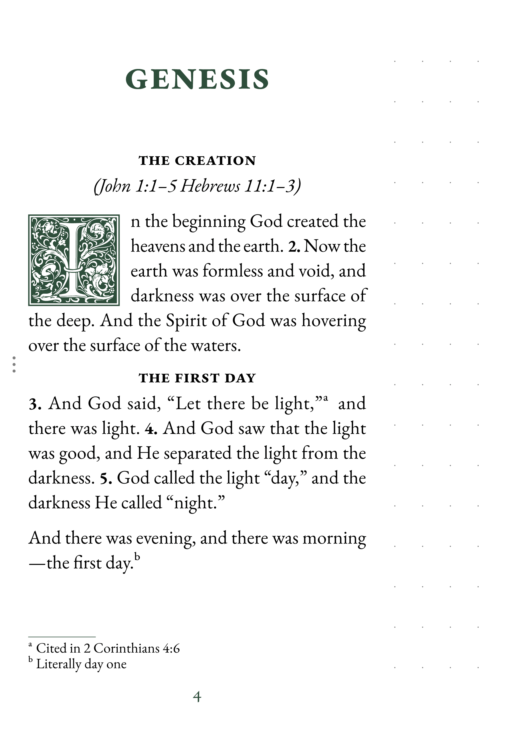 Interior page showing Genesis 1:1 in large print with dotted notetaking margin