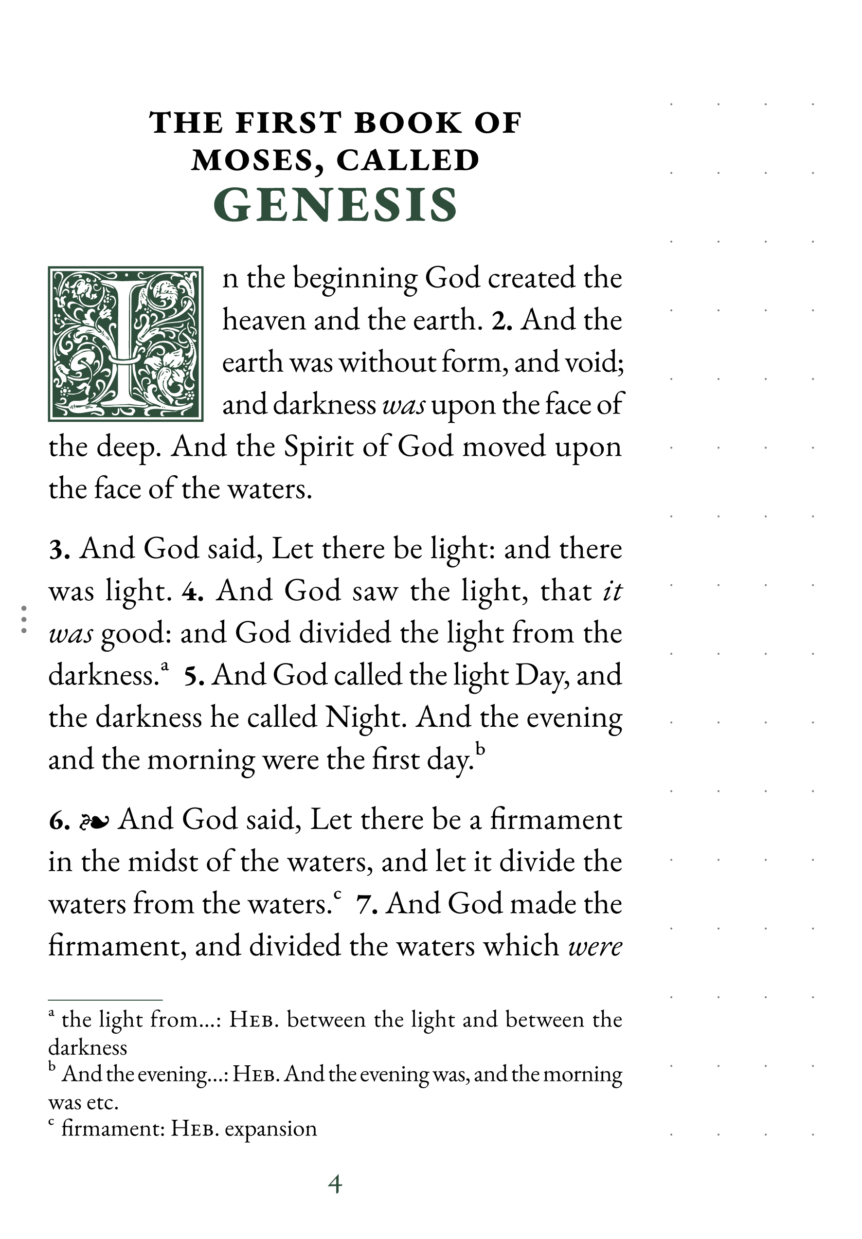 Interior page showing Genesis 1:1 in large print with dotted notetaking margin