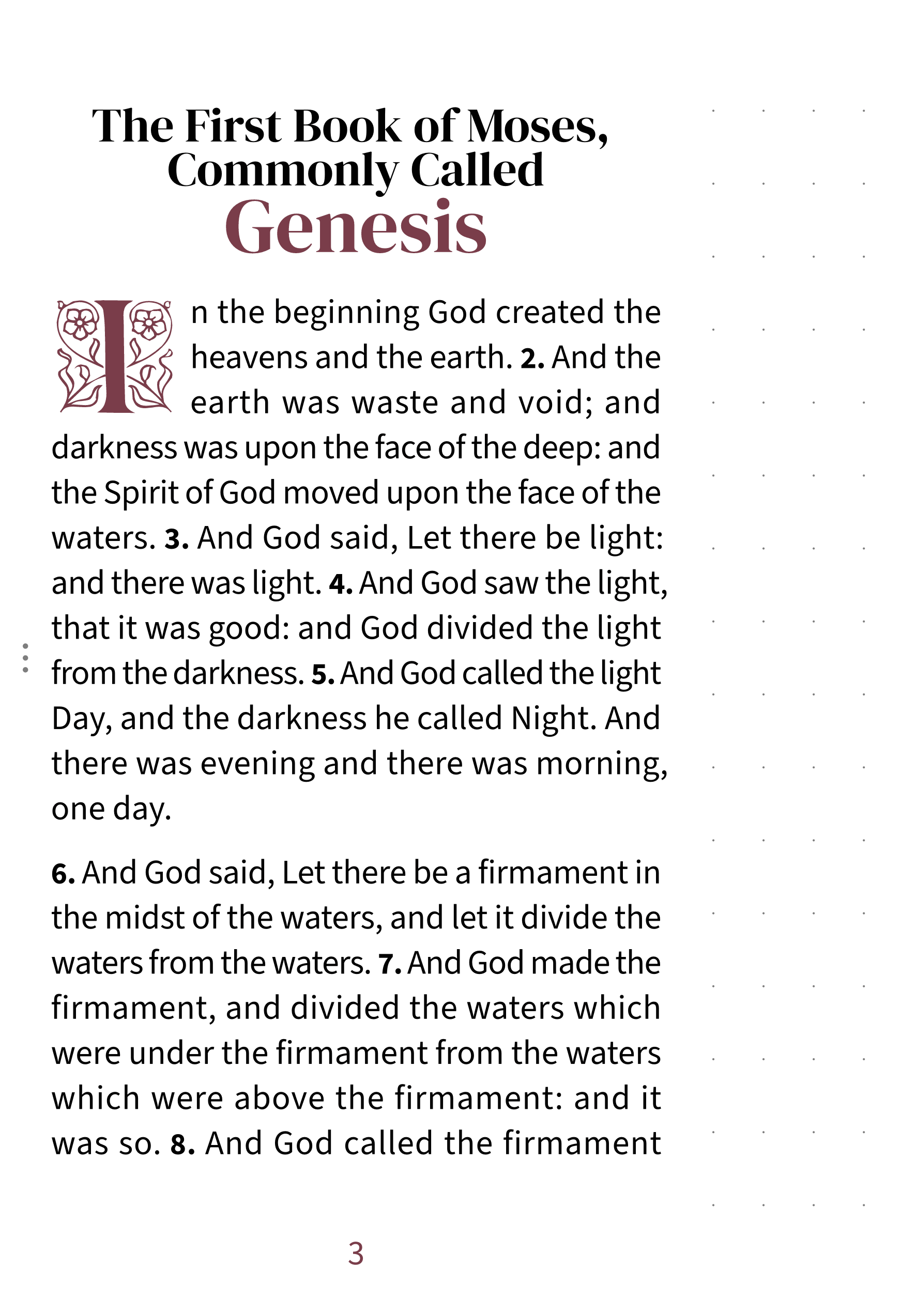 Interior page showing Genesis 1:1 in the Embrace large print with dotted notetaking margin