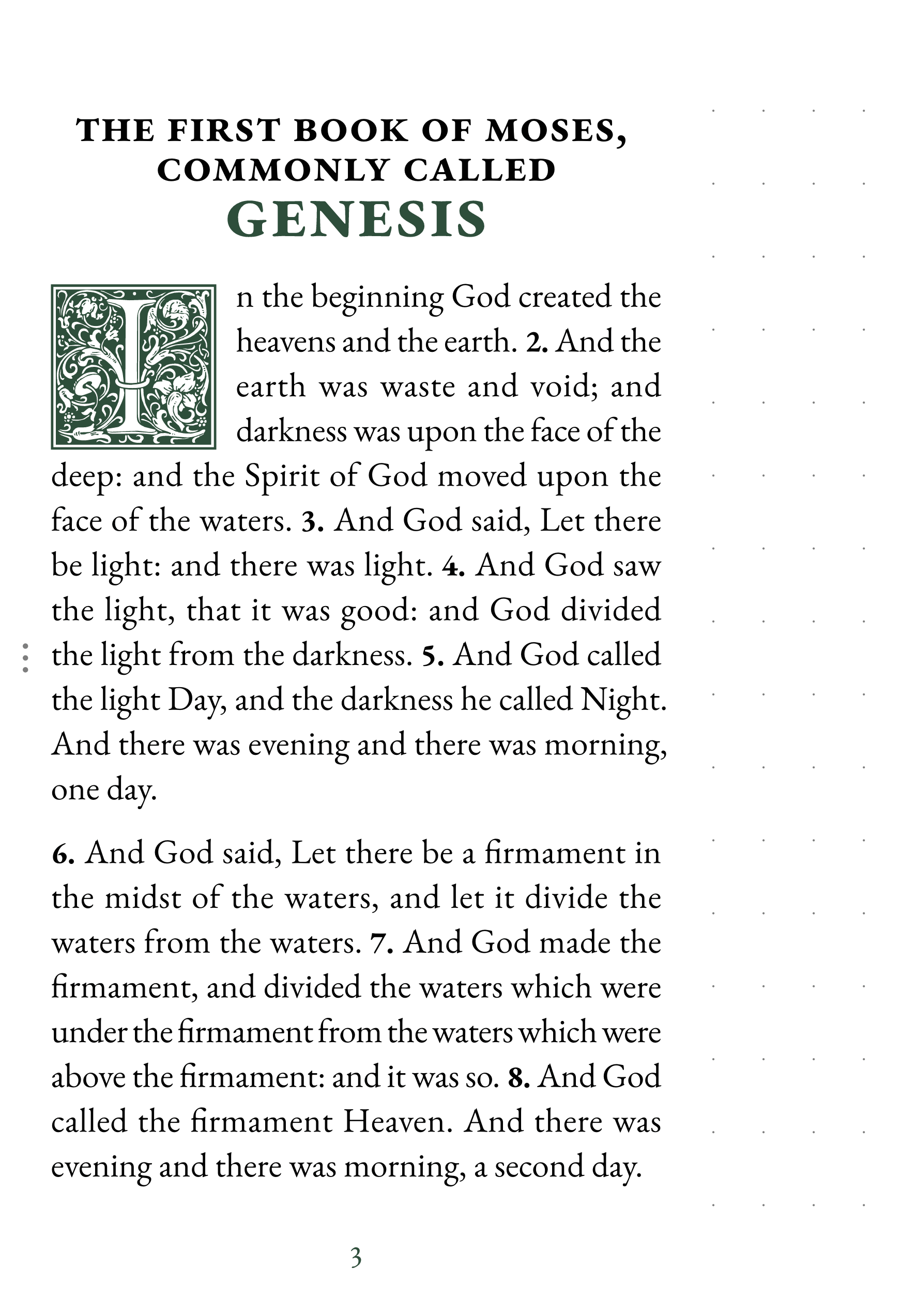 Interior page showing Genesis 1:1 in large print with dotted notetaking margin
