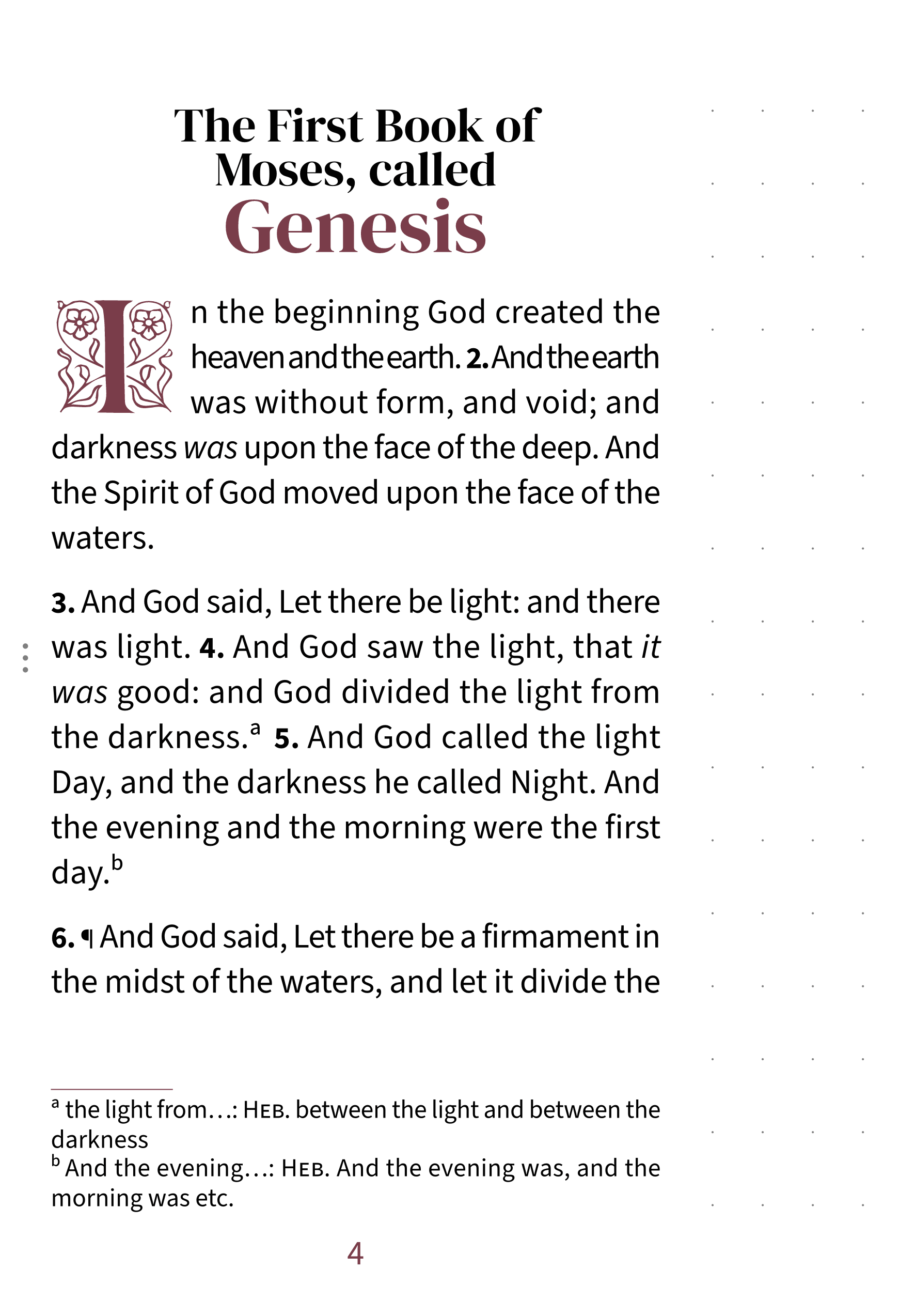Interior page showing Genesis 1:1 in the Embrace large print with dotted notetaking margin