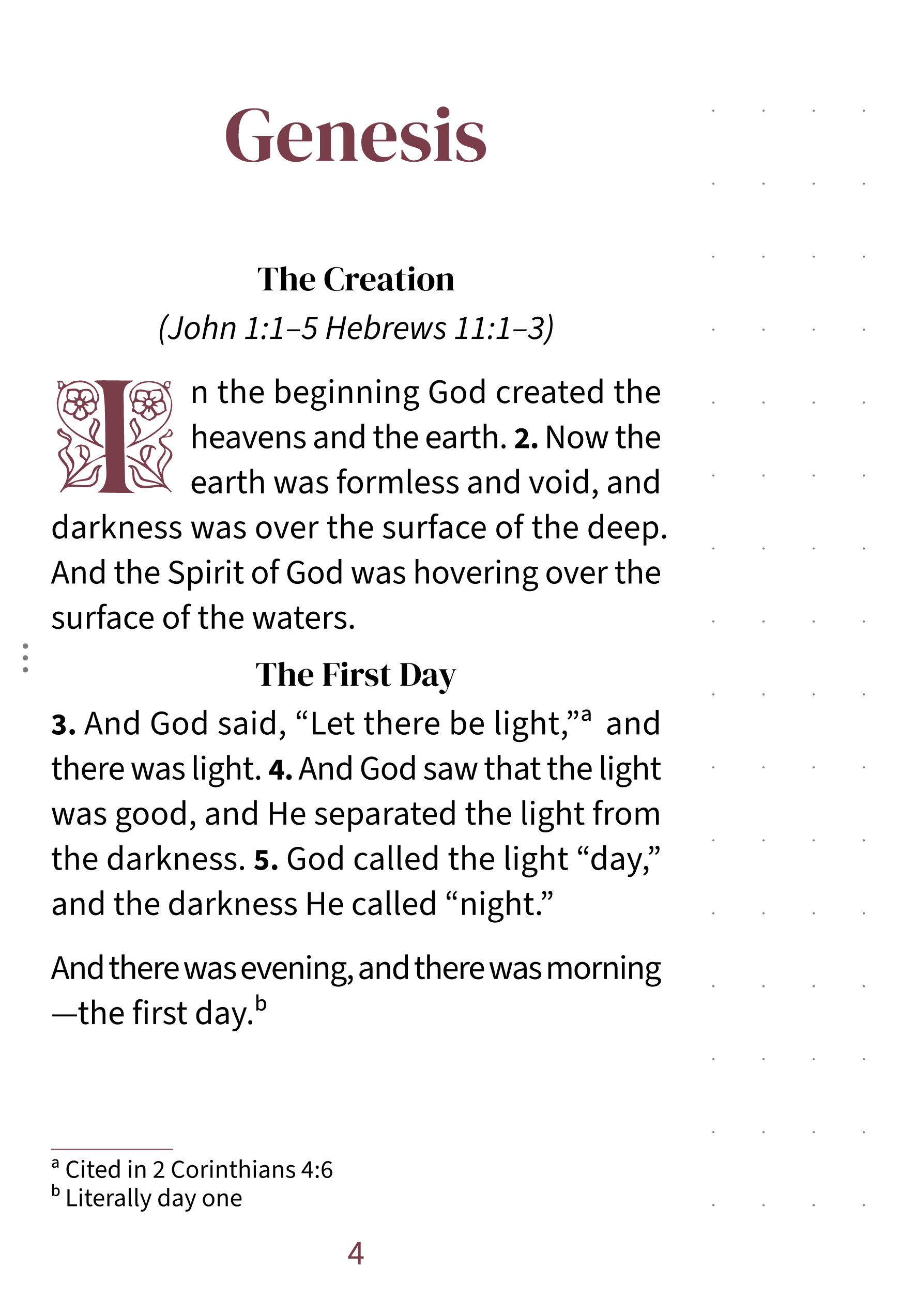 Interior page showing Genesis 1:1 in the Embrace large print with dotted notetaking margin