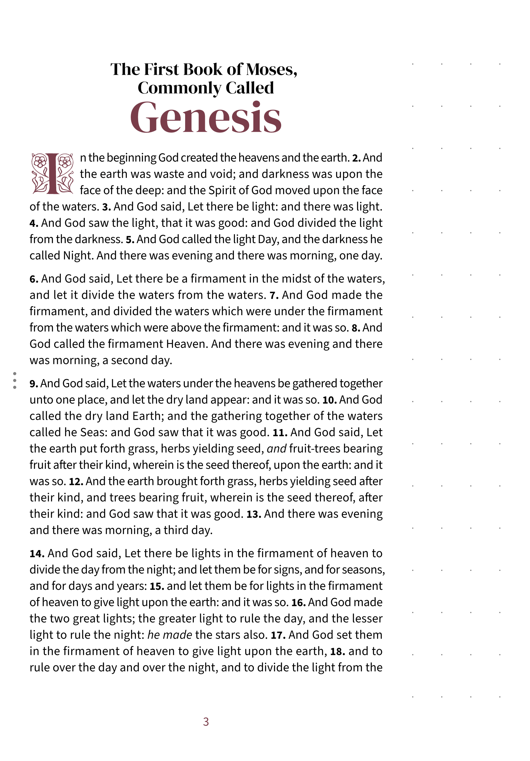 Interior page showing Genesis 1:1 in the Embrace notetaking layout with dotted margin