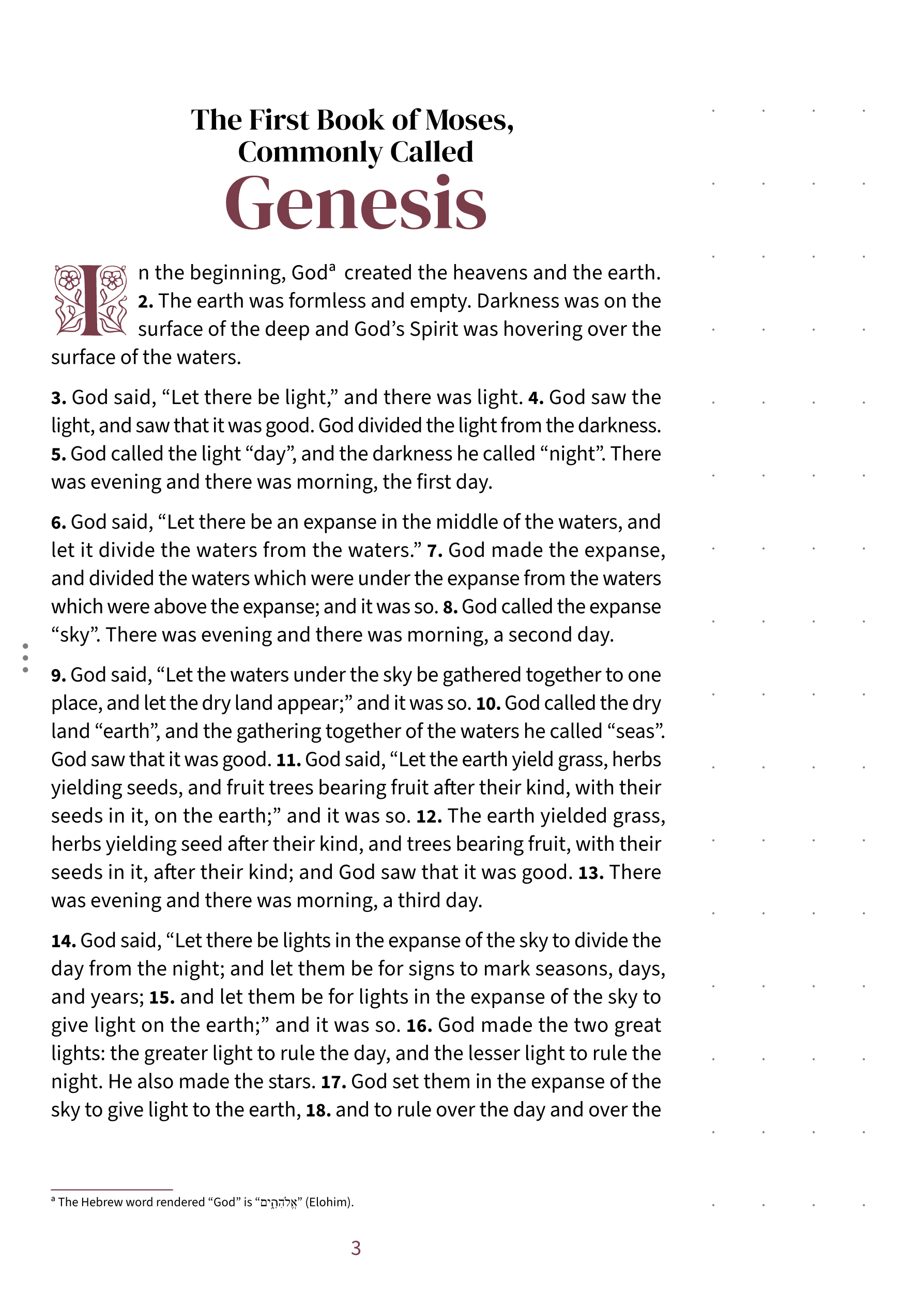 Interior page showing Genesis 1:1 in the Embrace notetaking layout with dotted margin