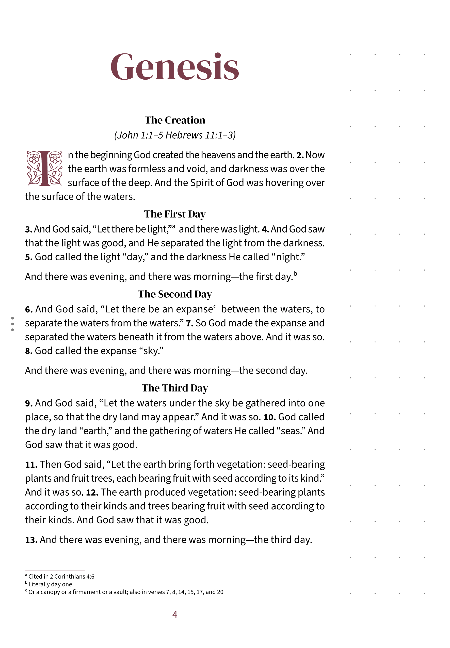 Interior page showing Genesis 1:1 in the Embrace notetaking layout with dotted margin