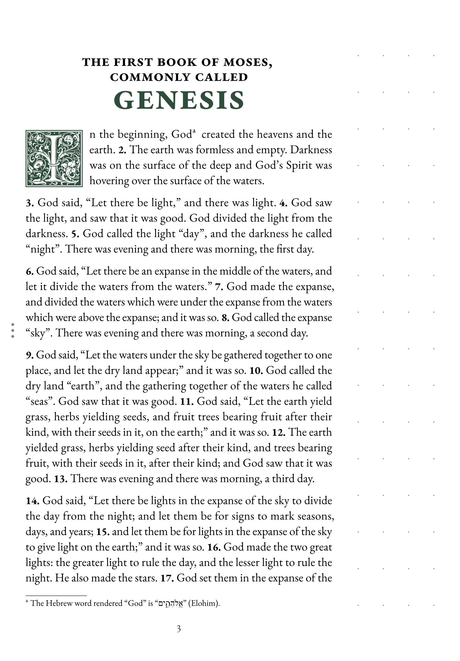 Interior page showing Genesis 1:1 with dotted notetaking margin