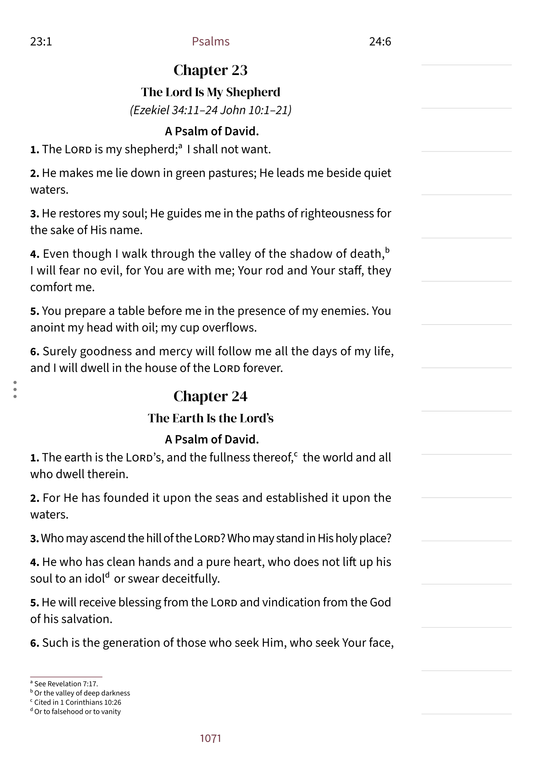 Interior page showing Psalm 23:1 in the Embrace notetaking layout with lined margin