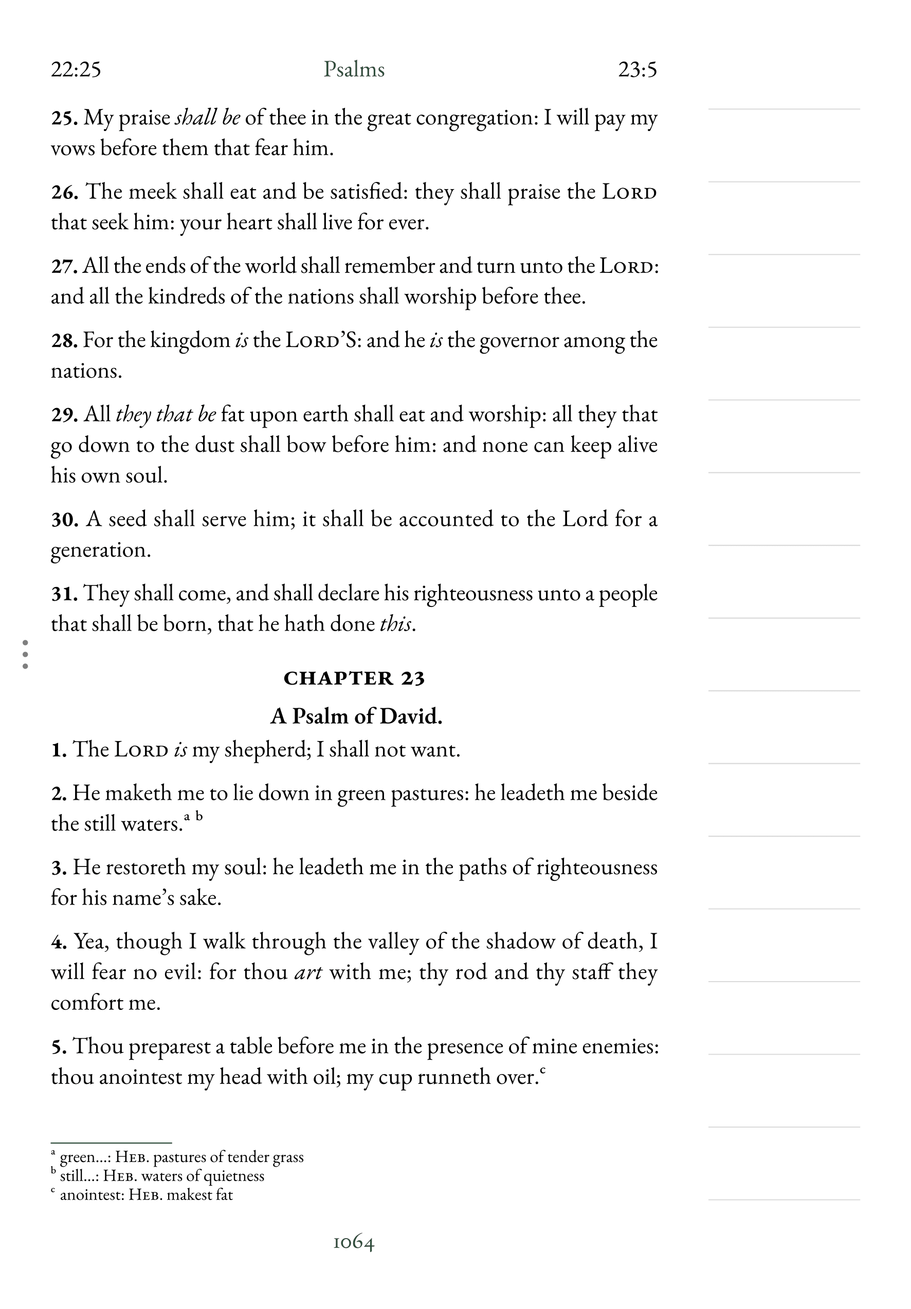 Interior page showing Psalm 23:1 with lined notetaking margin