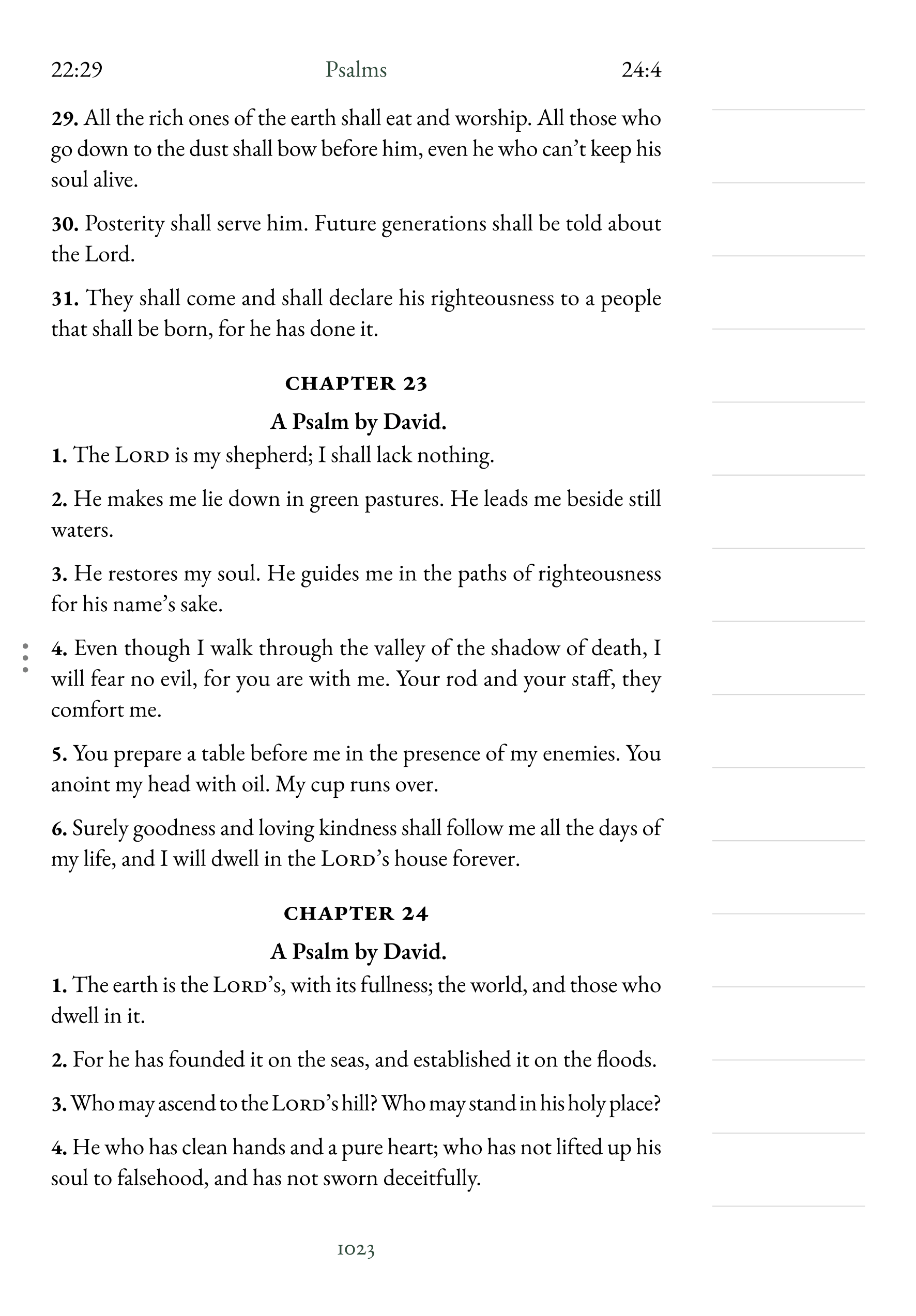 Interior page showing Psalm 23:1 with lined notetaking margin