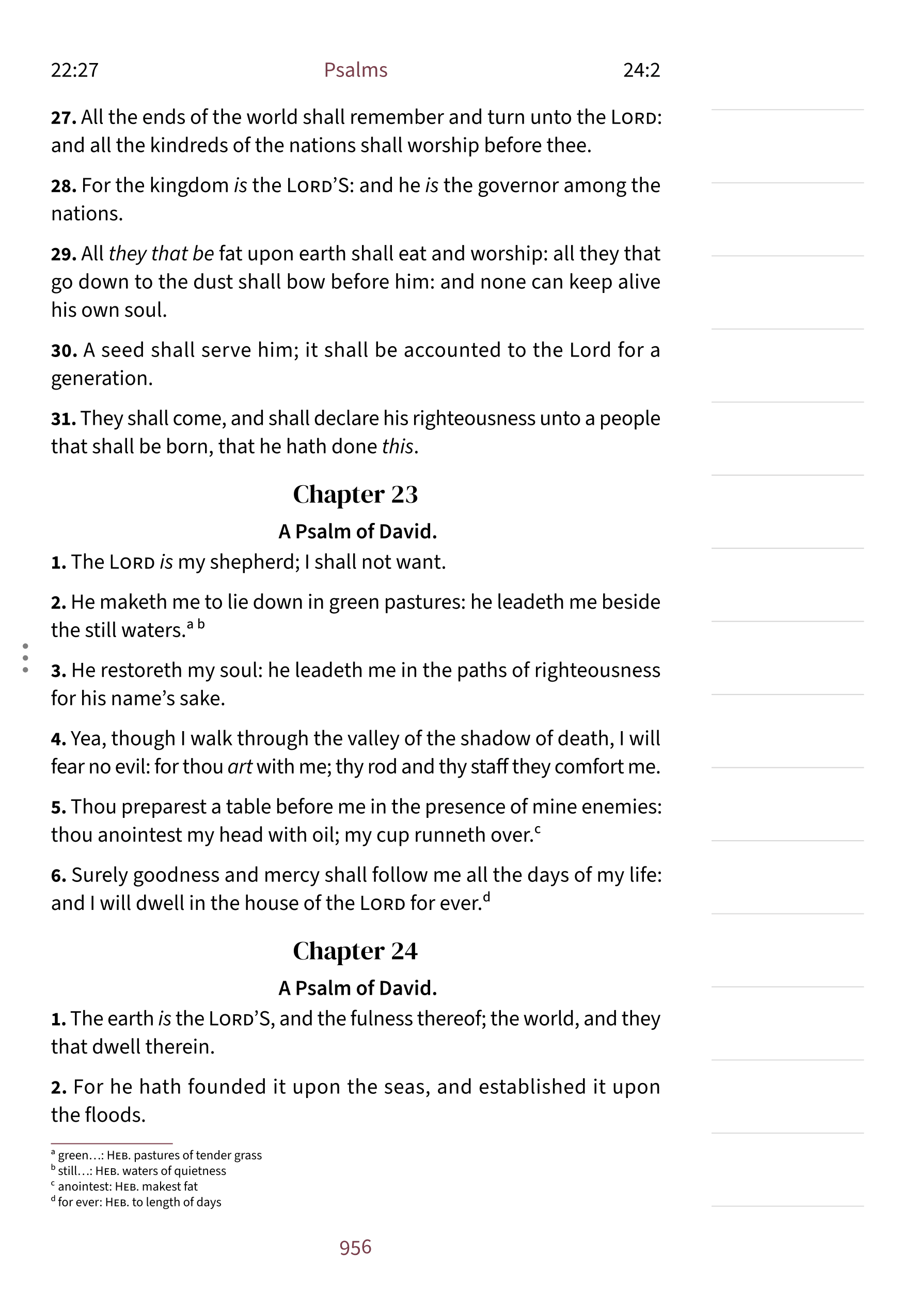 Interior page showing Psalm 23:1 in the Embrace notetaking layout with lined margin