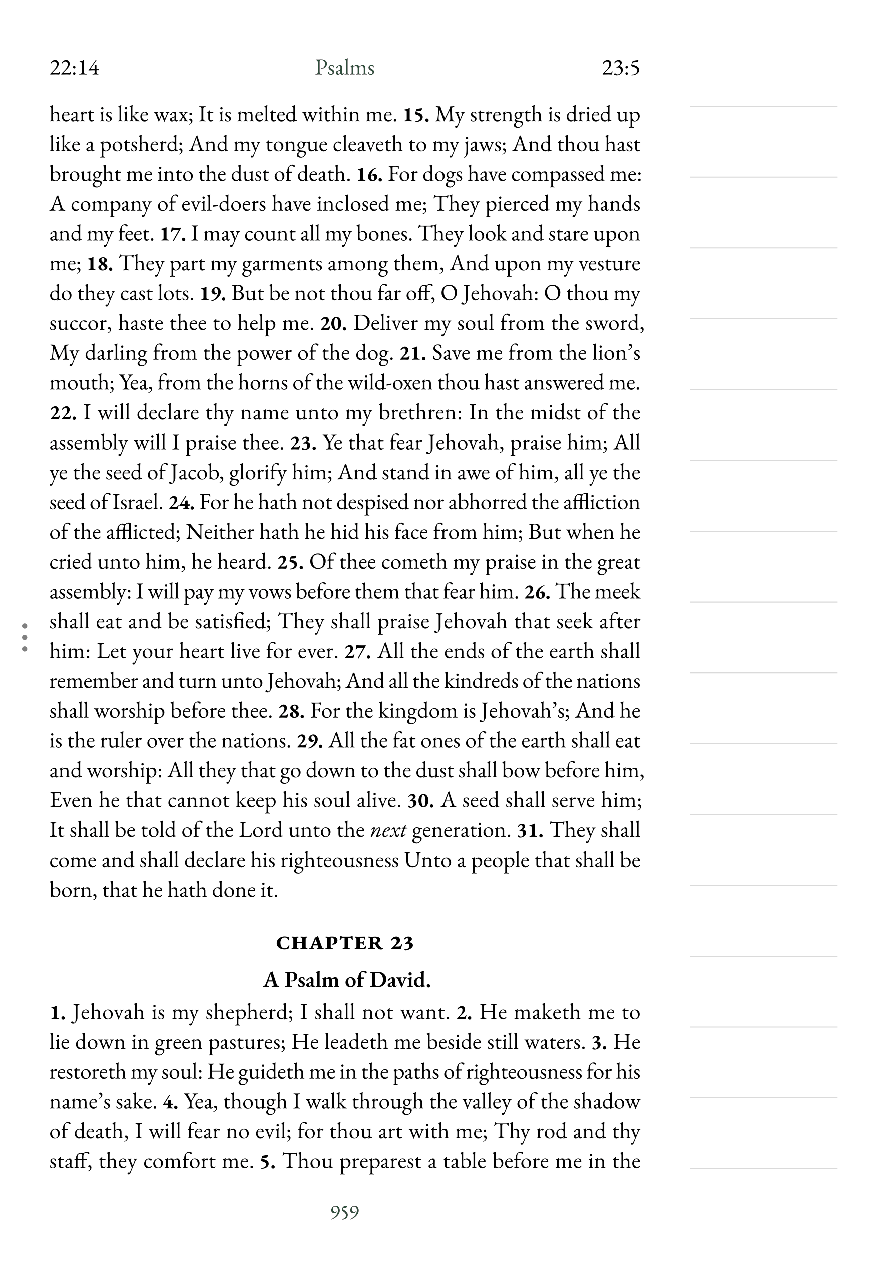 Interior page showing Psalm 23:1 with lined notetaking margin