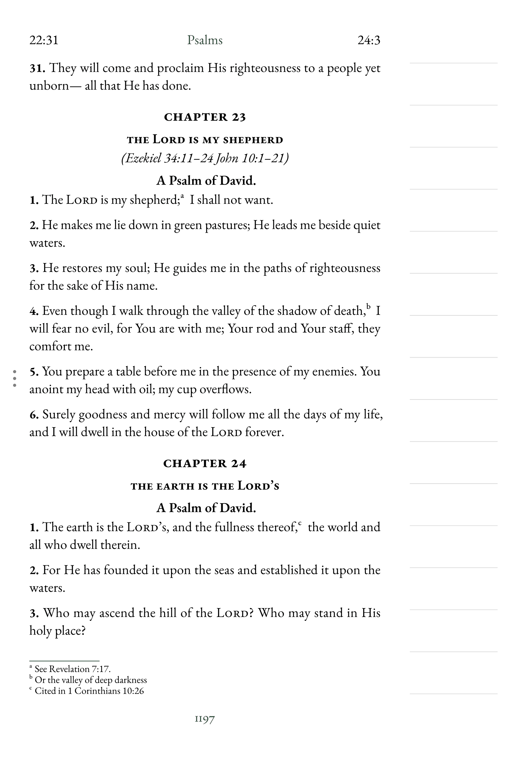 Interior page showing Psalm 23:1 with lined notetaking margin