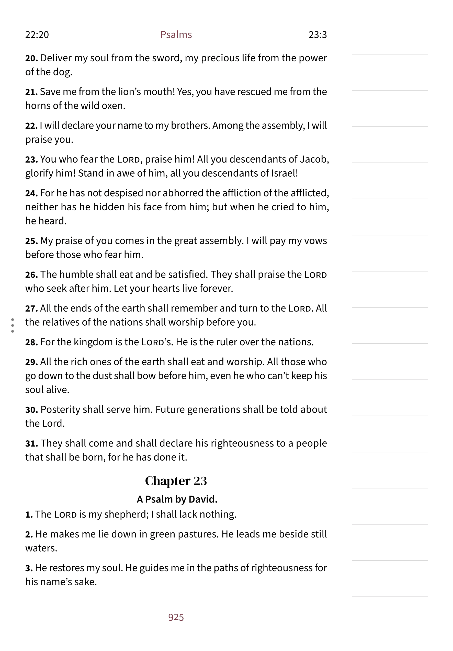 Interior page showing Psalm 23:1 in the Embrace notetaking layout with lined margin