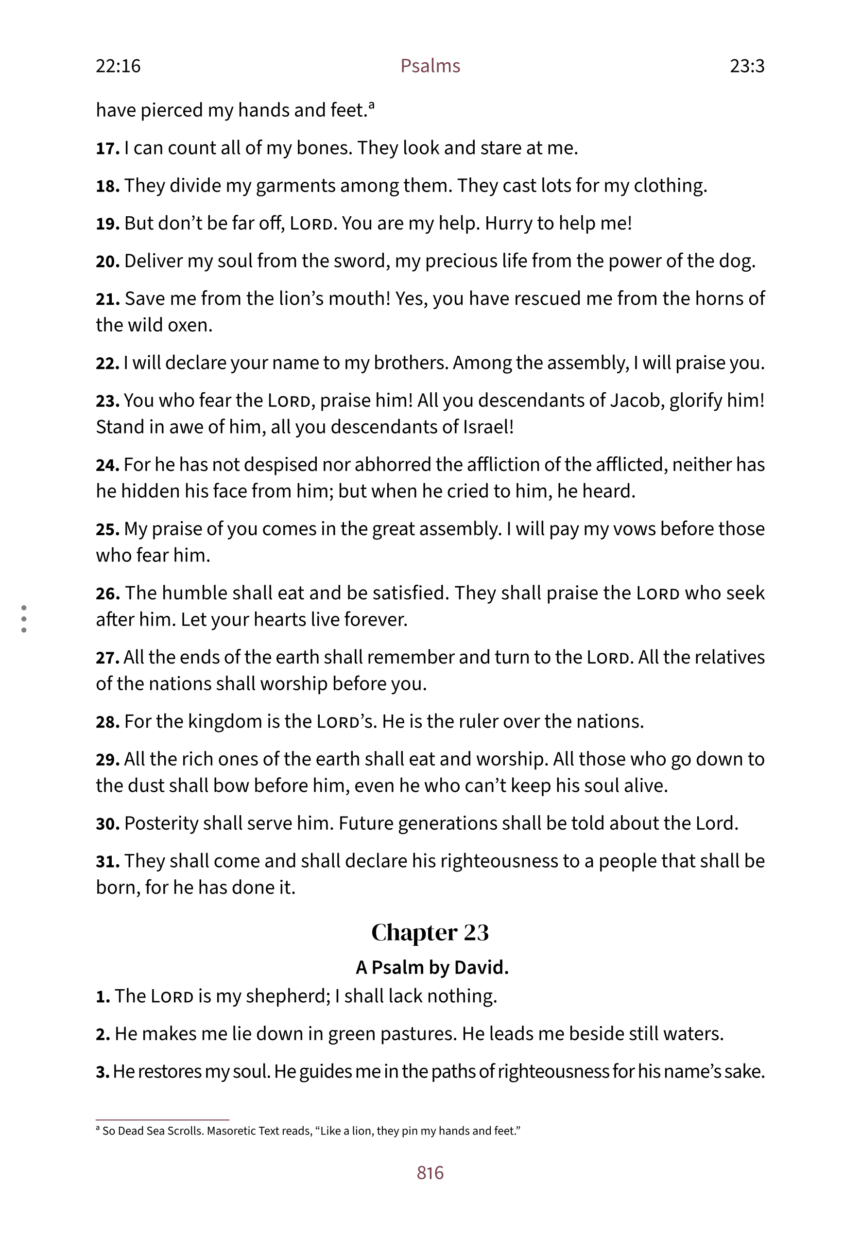 Interior spread showing Psalm 23 in the Embrace reading layout