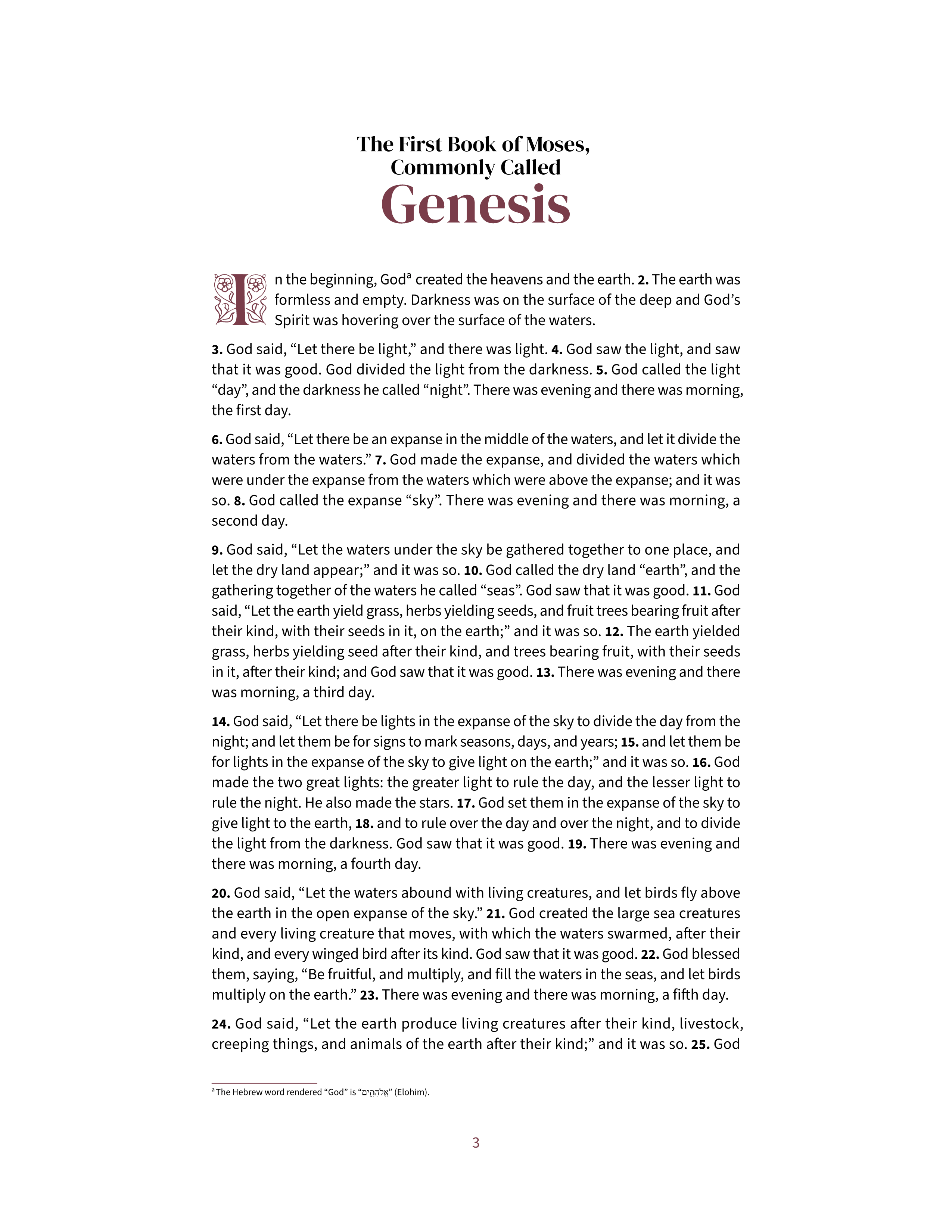 Genesis 1:1 in the standard reading layout, US Letter